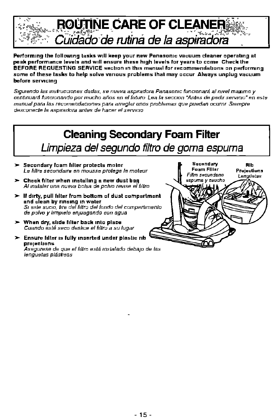 Bovine care of cleaneri, Limpieza del segundo filtro de goma espuma, Limpieza del segundo filtra de goma espuma | Cuidado de náná de ¡a aspiradots, Cleaning secondary foam filter | Panasonic ASPIRADORA MC-V7505 User Manual | Page 15 / 28