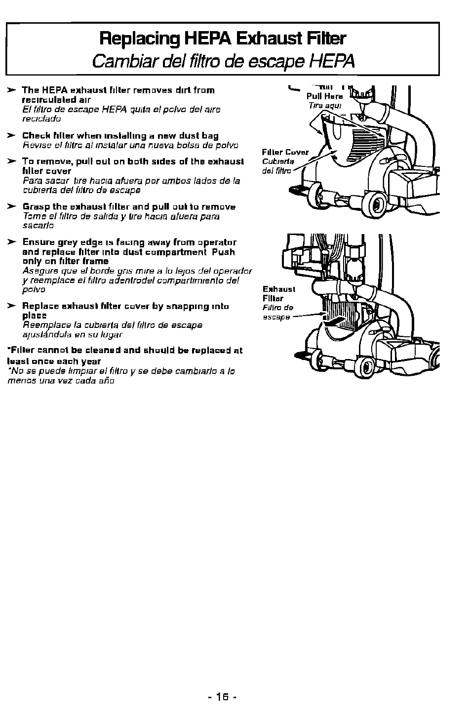 Cambiar del filtro de esc^e hepa, Replacing hepa exhaust riter | Panasonic ASPIRADORA MC-V7505 User Manual | Page 16 / 28