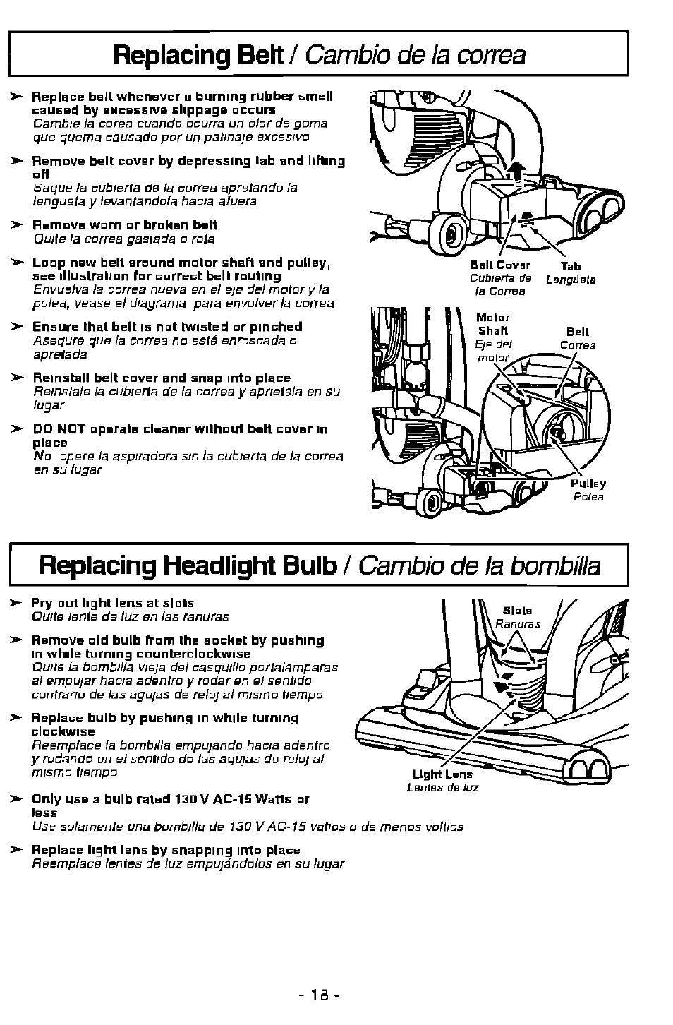 Replacing belt / cambio de ¡a correa, Replacing belt, Cambio de la correa | Replacing headlight bulb, Cambio de ¡a correa, Cambio de ia bombilia | Panasonic ASPIRADORA MC-V7505 User Manual | Page 18 / 28