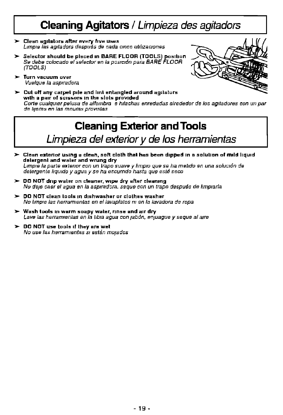 Cleaning agitators / limpieza des agitadors, Limpieza del exterior y de los herramientas, Cleaning agitators | Limpieza des agitadors, Cleaning exterior and tools | Panasonic ASPIRADORA MC-V7505 User Manual | Page 19 / 28