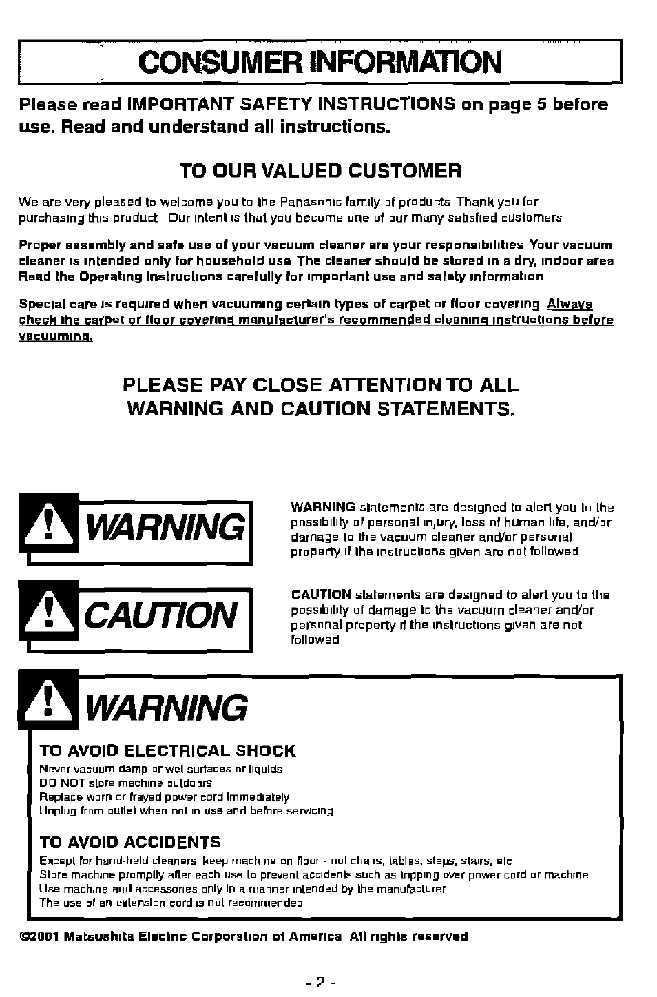 Warning, Caution, Consumer information | Panasonic ASPIRADORA MC-V7505 User Manual | Page 2 / 28