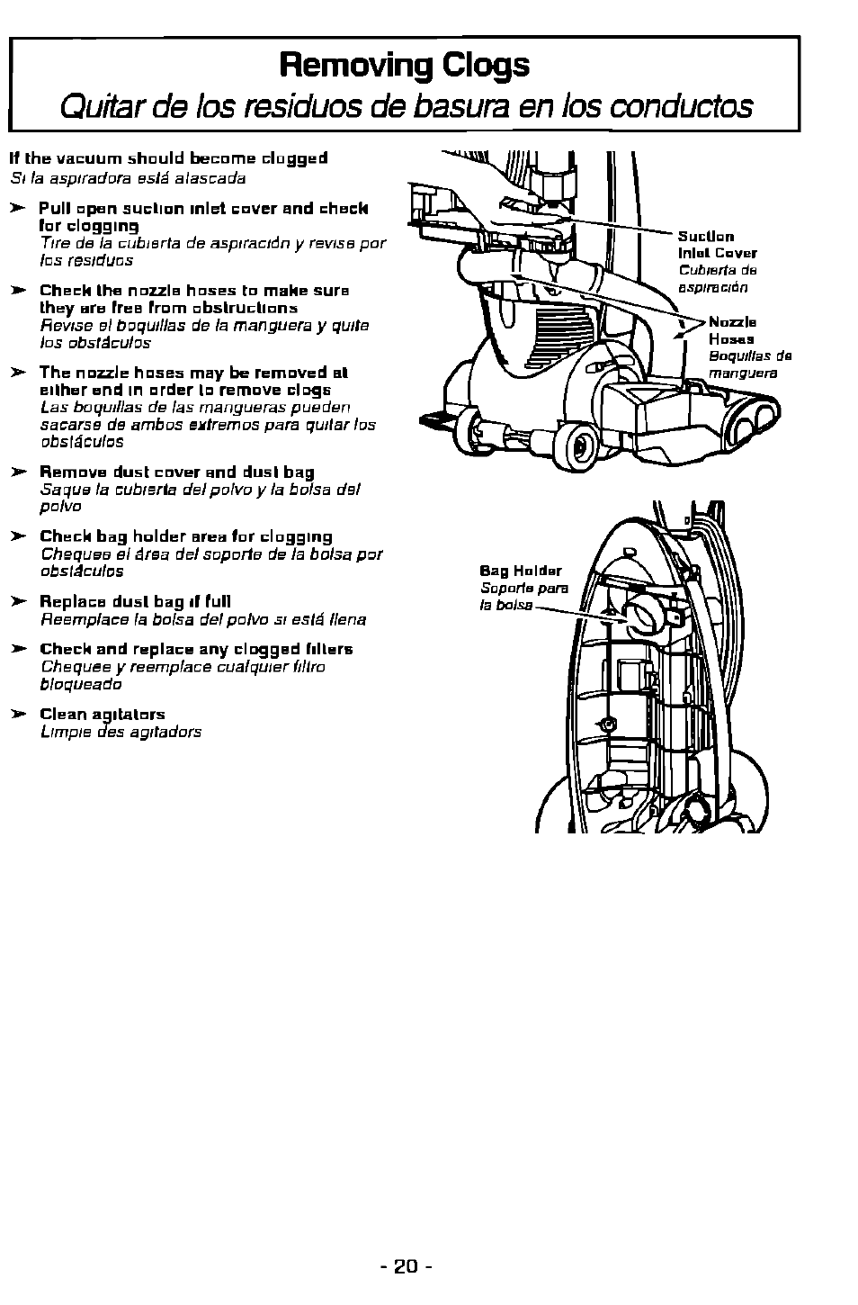 Quitar de los residuos de basura en los conductos, Removing clogs, Quitar de tos residuos de basura en tos conductas | Panasonic ASPIRADORA MC-V7505 User Manual | Page 20 / 28