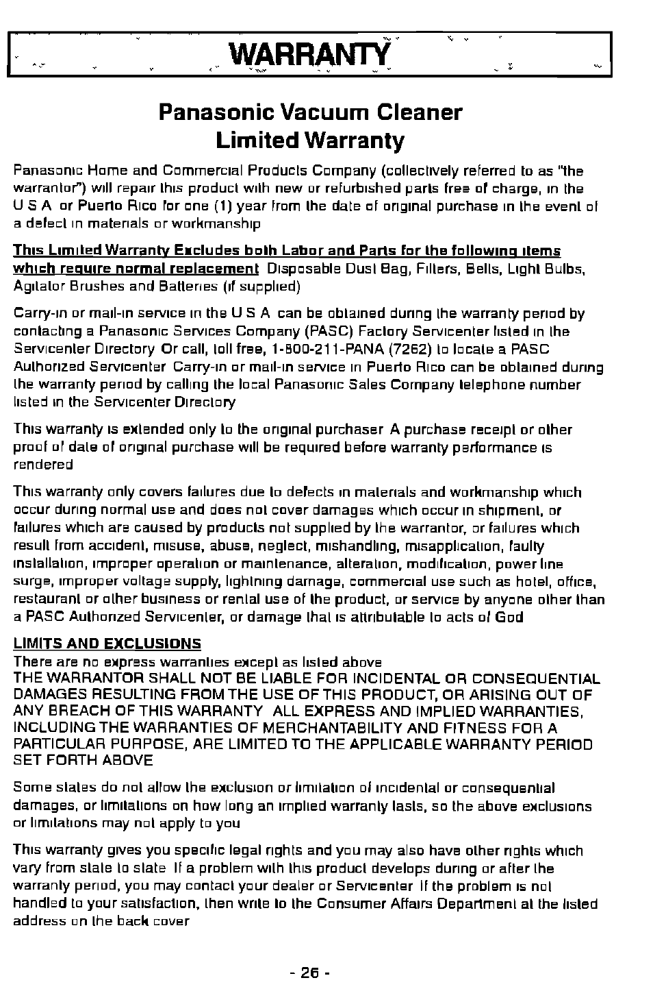 Panasonic vacuum cleaner limited warranty, Warraisfty | Panasonic ASPIRADORA MC-V7505 User Manual | Page 26 / 28