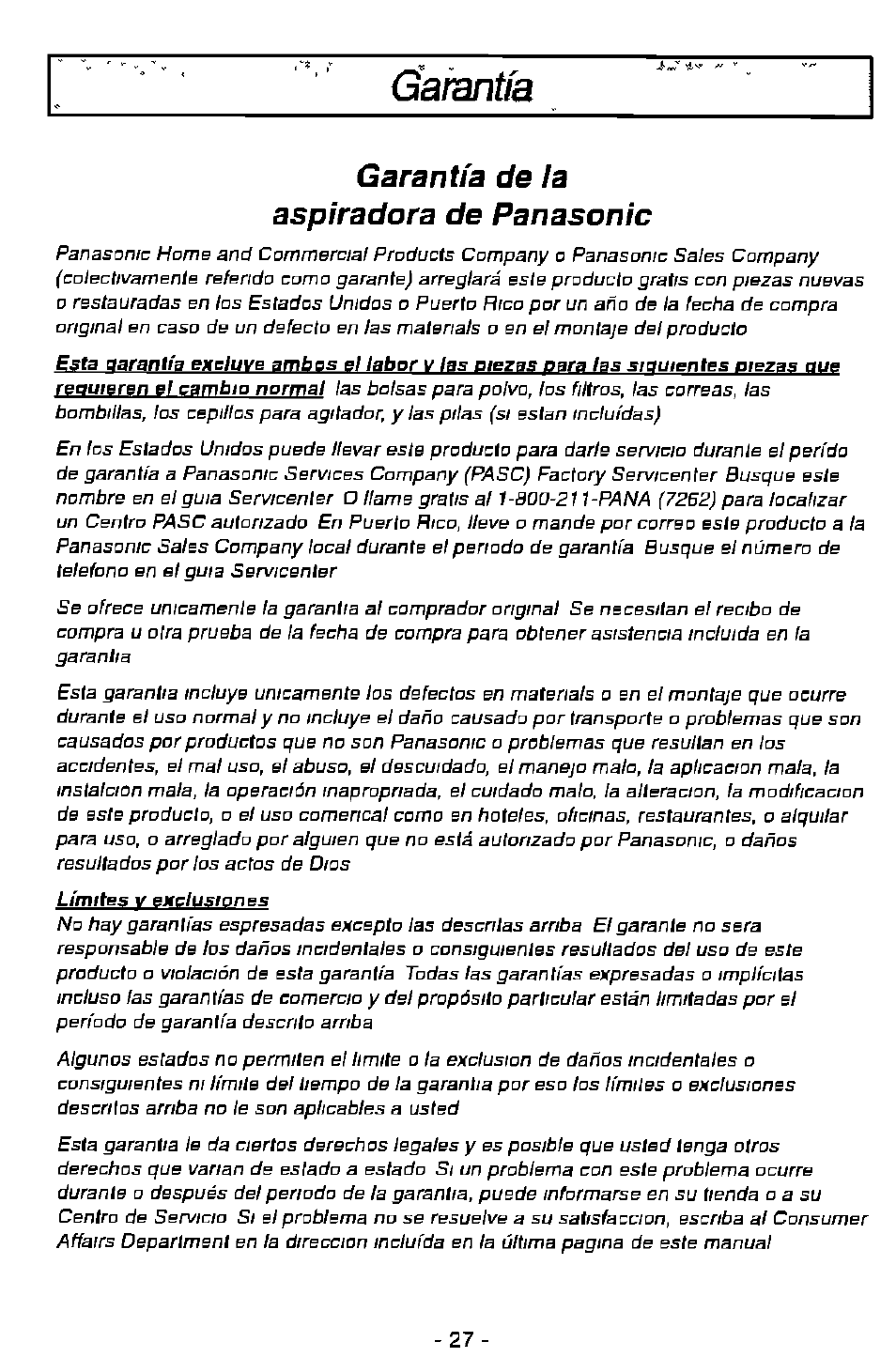 Úaiantía, Garantía de la aspiradora de panasonic | Panasonic ASPIRADORA MC-V7505 User Manual | Page 27 / 28