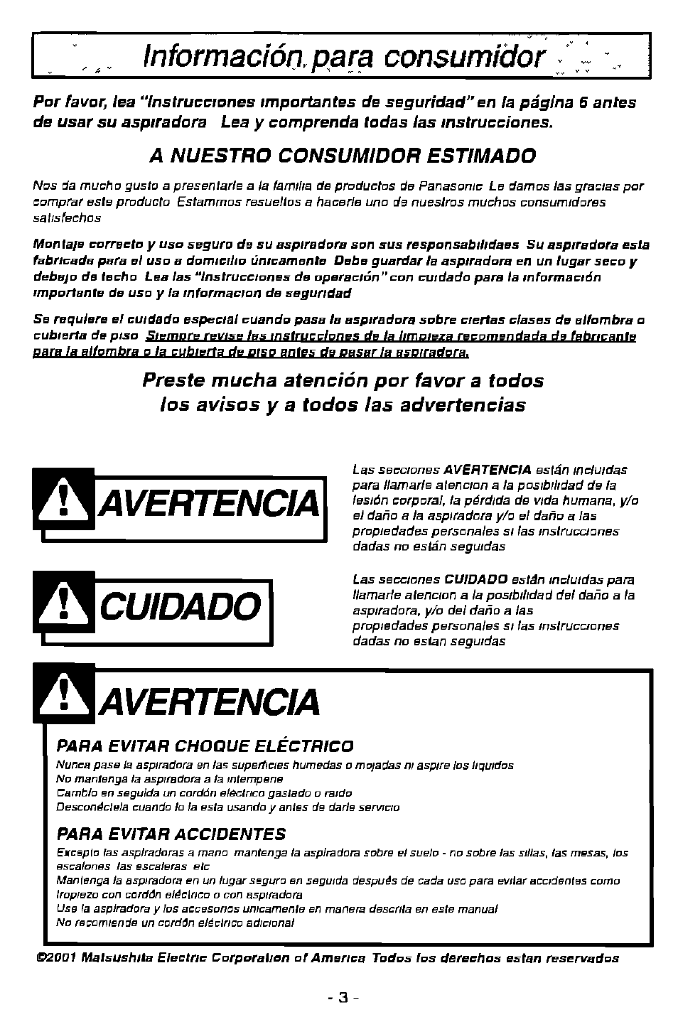 Avertencia, Cuidado, Información, para consumidor | Panasonic ASPIRADORA MC-V7505 User Manual | Page 3 / 28
