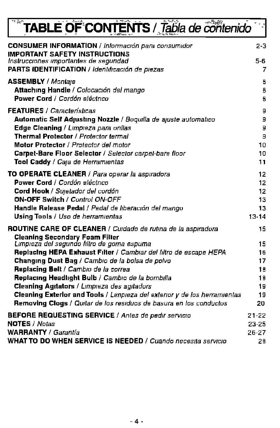 Table of^comtents /jadía de cwfen/cto | Panasonic ASPIRADORA MC-V7505 User Manual | Page 4 / 28