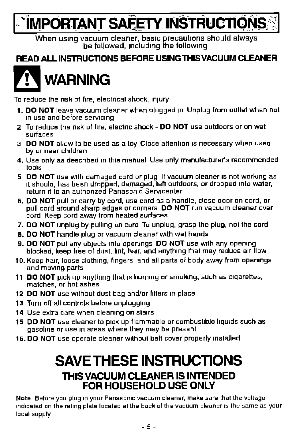 Important sai=^ instructions, Warning, Save these instructions | Panasonic ASPIRADORA MC-V7505 User Manual | Page 5 / 28