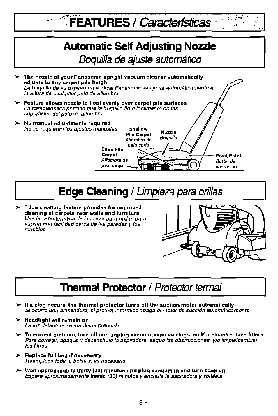 Boquilla de ^uste automático, Edge cleaning / limpieza para oriiias, Edge cleaning | Limpieza para orillas, Carac^erístícas, Features, Automatic self adjusting nozzle, Thermal protector, Limpieza para oriiias, Protector termal | Panasonic ASPIRADORA MC-V7505 User Manual | Page 9 / 28