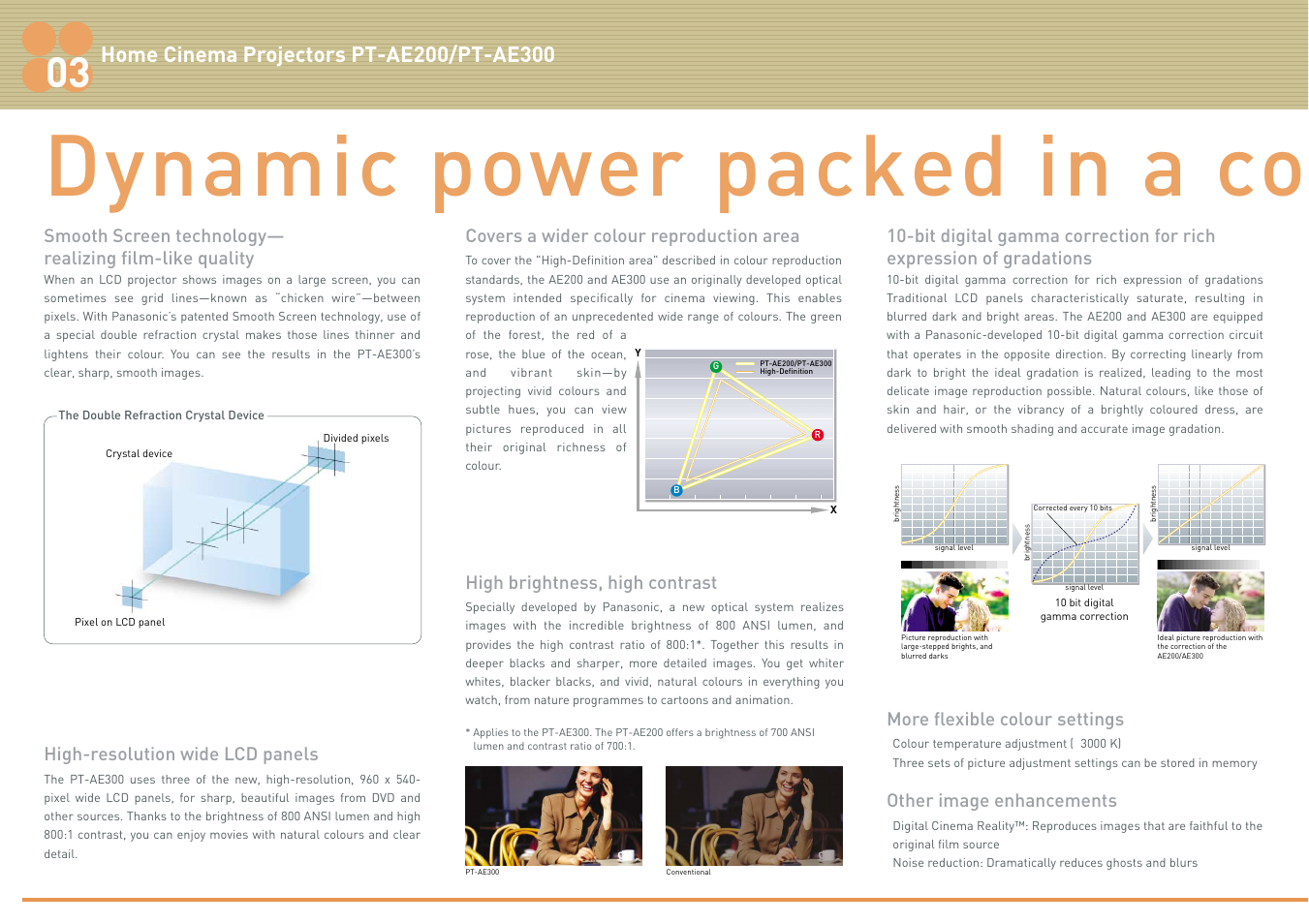 Dynamic power packed in a co, More flexible colour settings, Other image enhancements | High brightness, high contrast | Panasonic PT-AE200 User Manual | Page 8 / 12