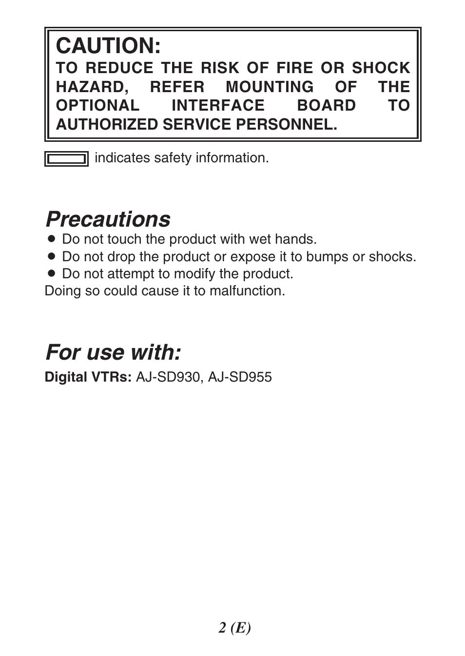 Precautions, Caution, For use with | Panasonic Analog Video Input Brand AJ-YA932 User Manual | Page 2 / 6