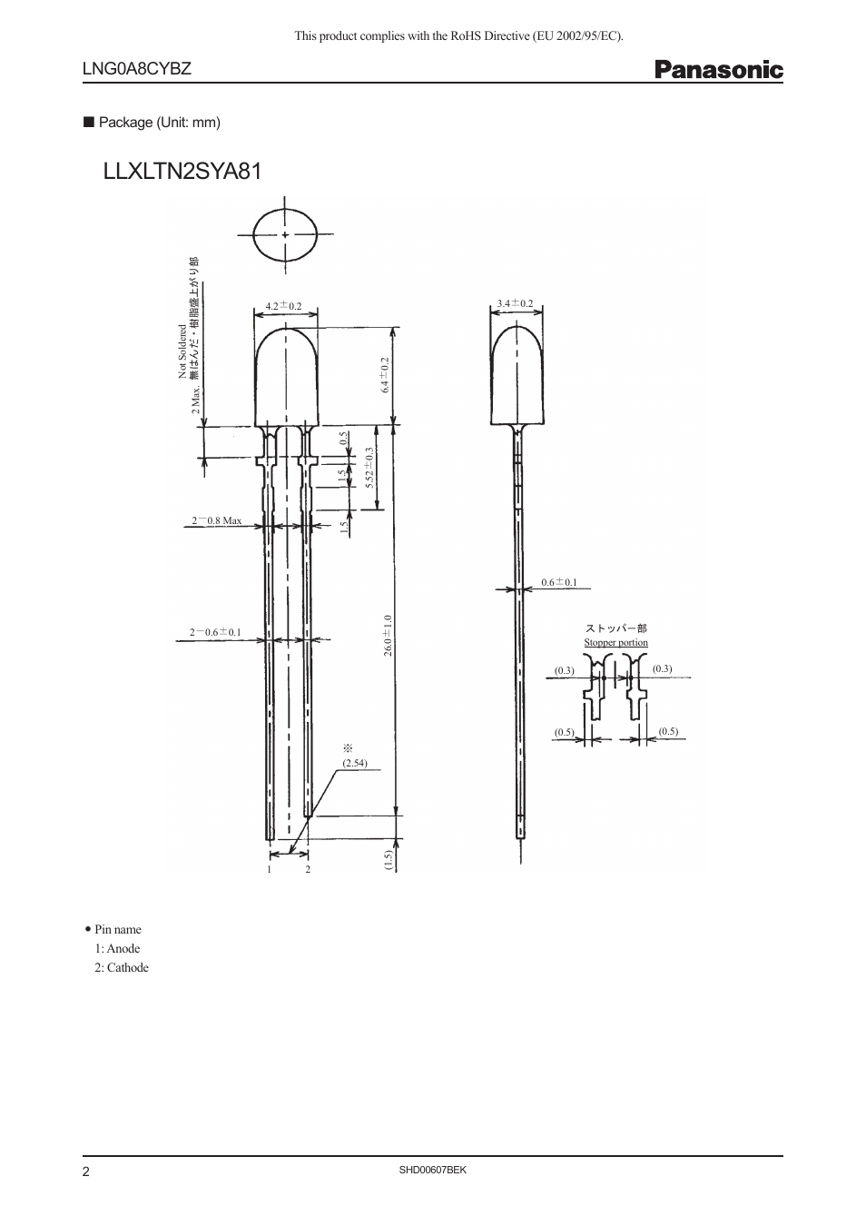 Llxltn2sya81, Lng0a8cybz, Package (unit: mm) | Panasonic Light Emitting Diodes LNG0A8CYBZ User Manual | Page 2 / 3