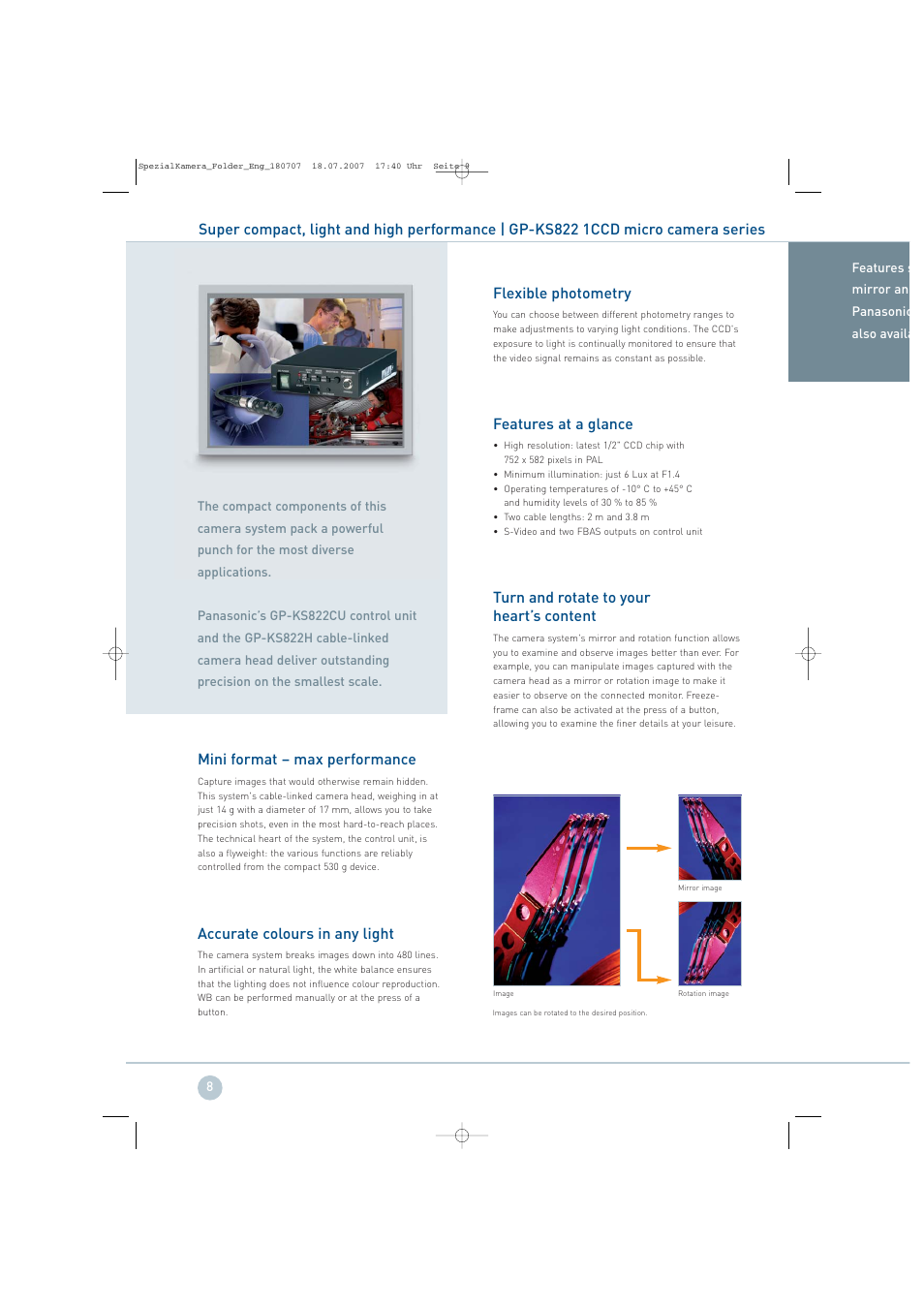 Mini format – max performance, Accurate colours in any light, Flexible photometry | Features at a glance, Turn and rotate to your heart’s content | Panasonic GP-KS822 User Manual | Page 8 / 12