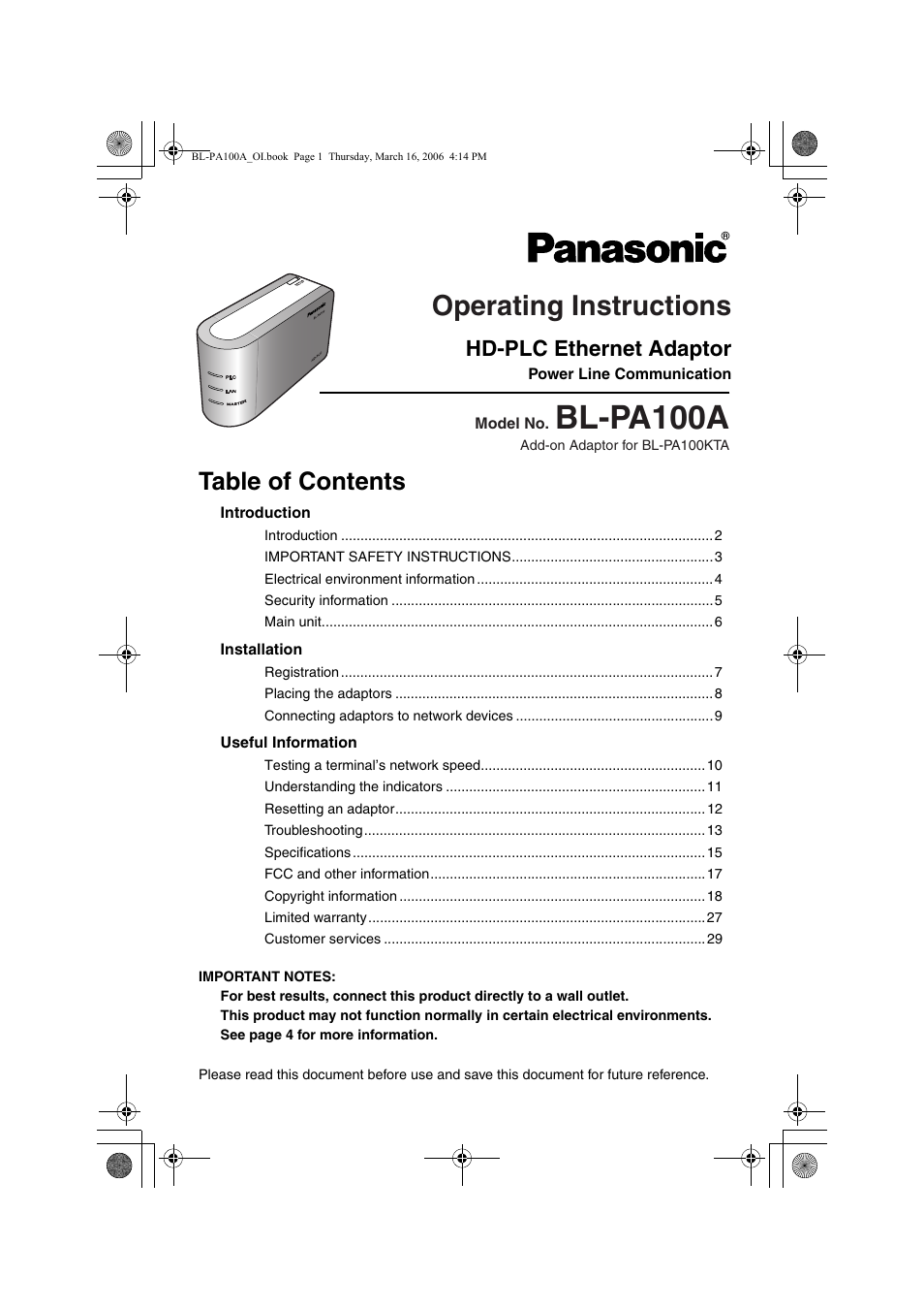 Panasonic BL-PA100A User Manual | 32 pages