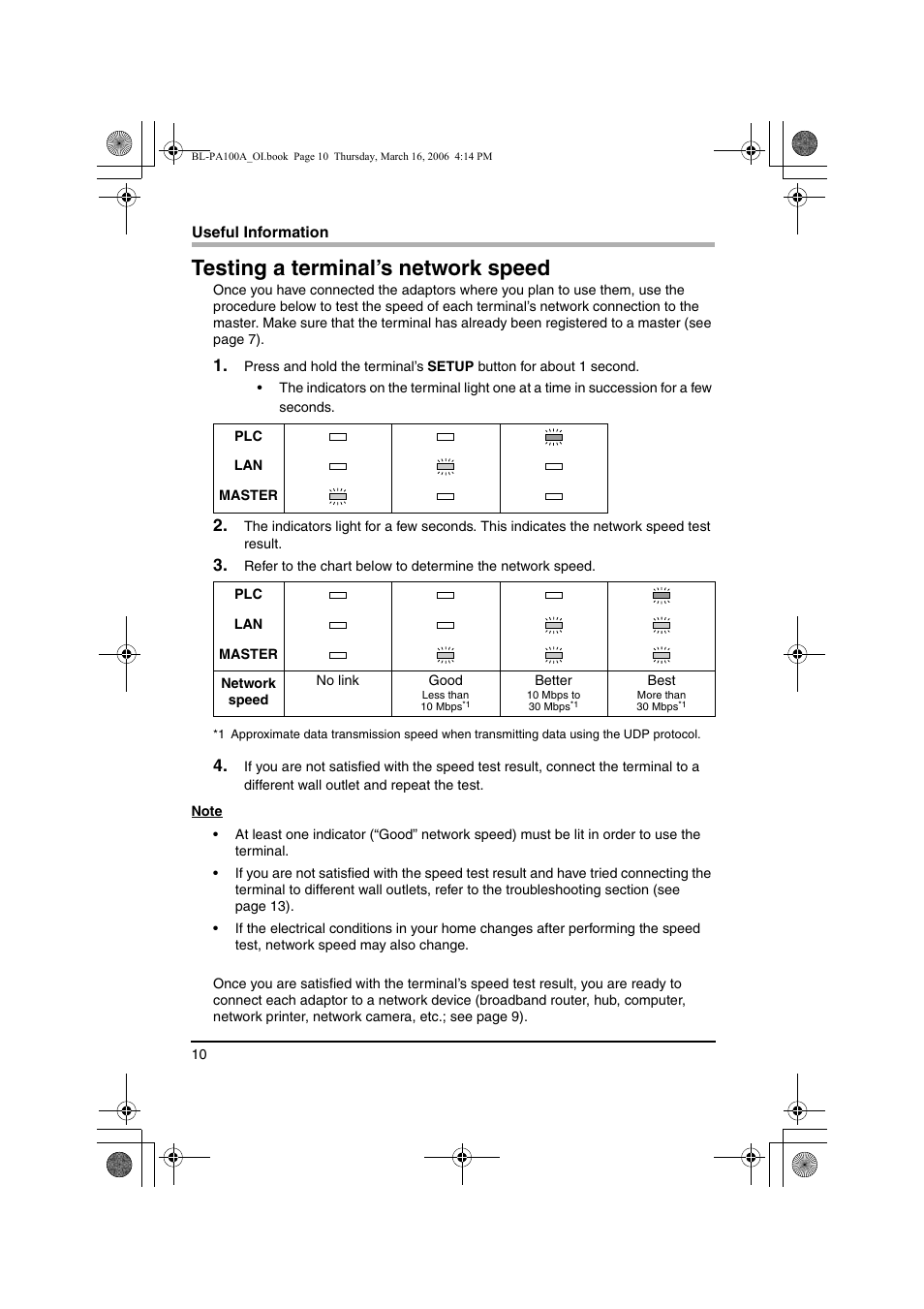 Useful information, Testing a terminal’s network speed | Panasonic BL-PA100A User Manual | Page 10 / 32