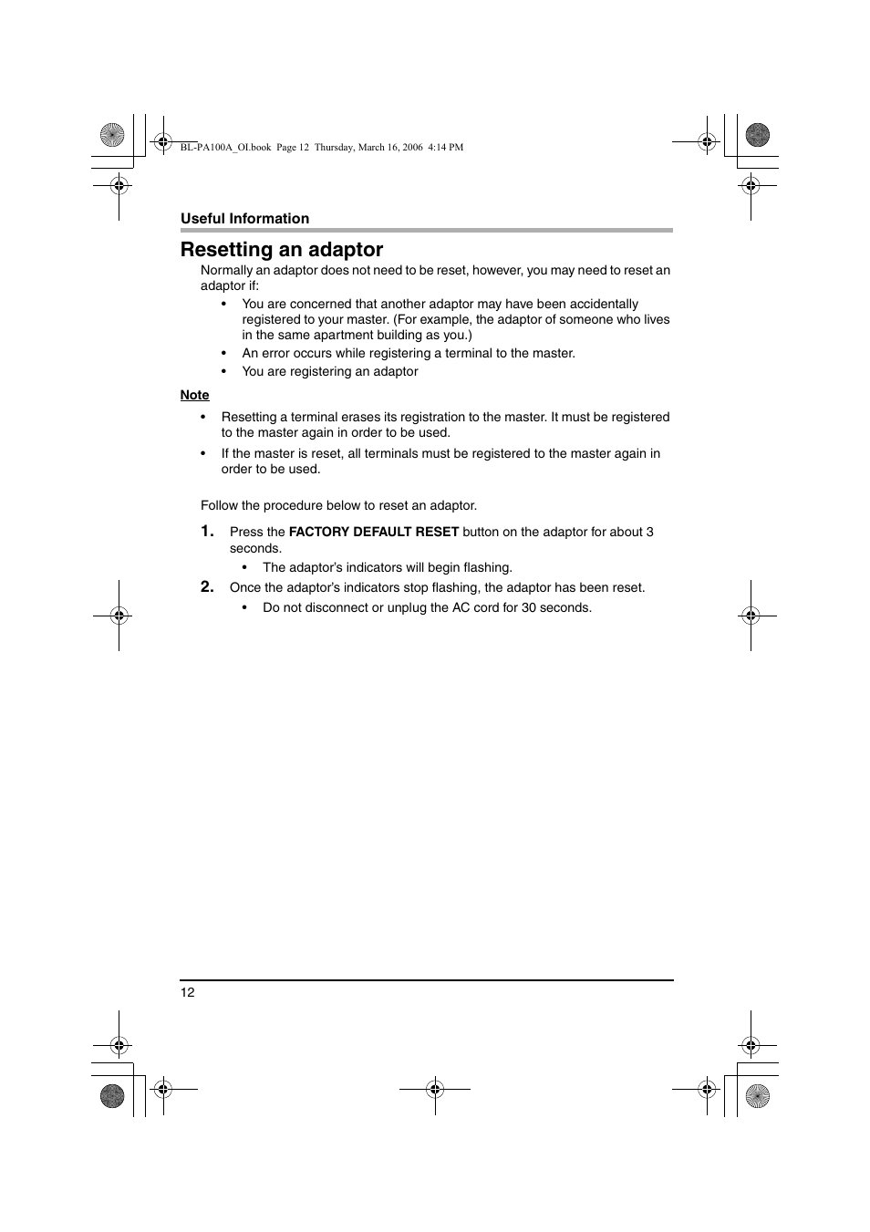 Resetting an adaptor | Panasonic BL-PA100A User Manual | Page 12 / 32