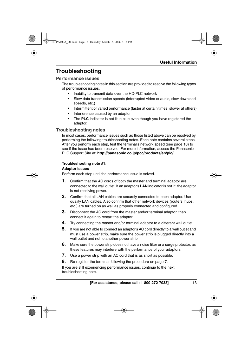 Troubleshooting | Panasonic BL-PA100A User Manual | Page 13 / 32