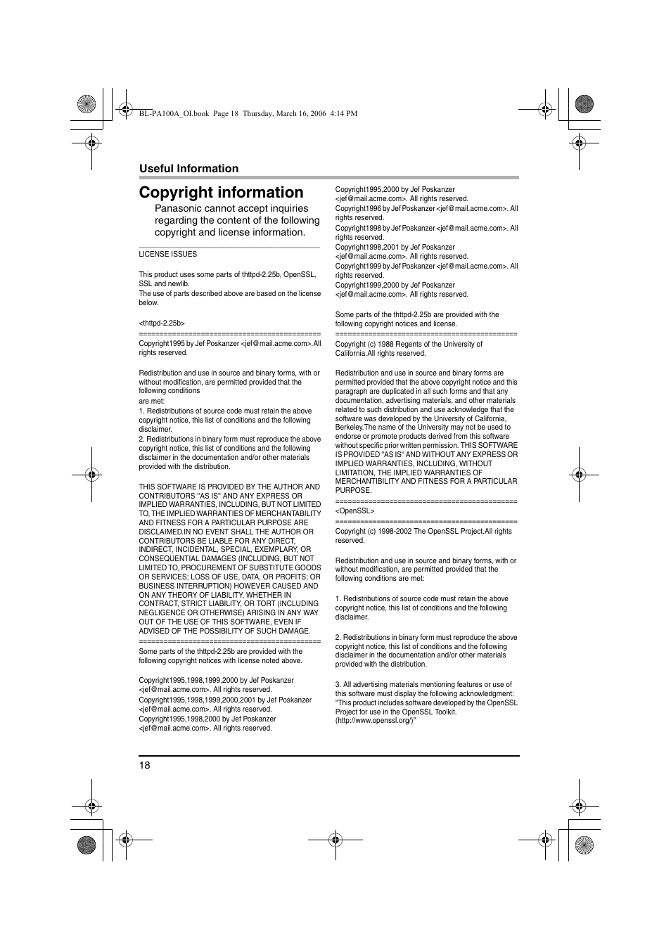 Copyright information | Panasonic BL-PA100A User Manual | Page 18 / 32