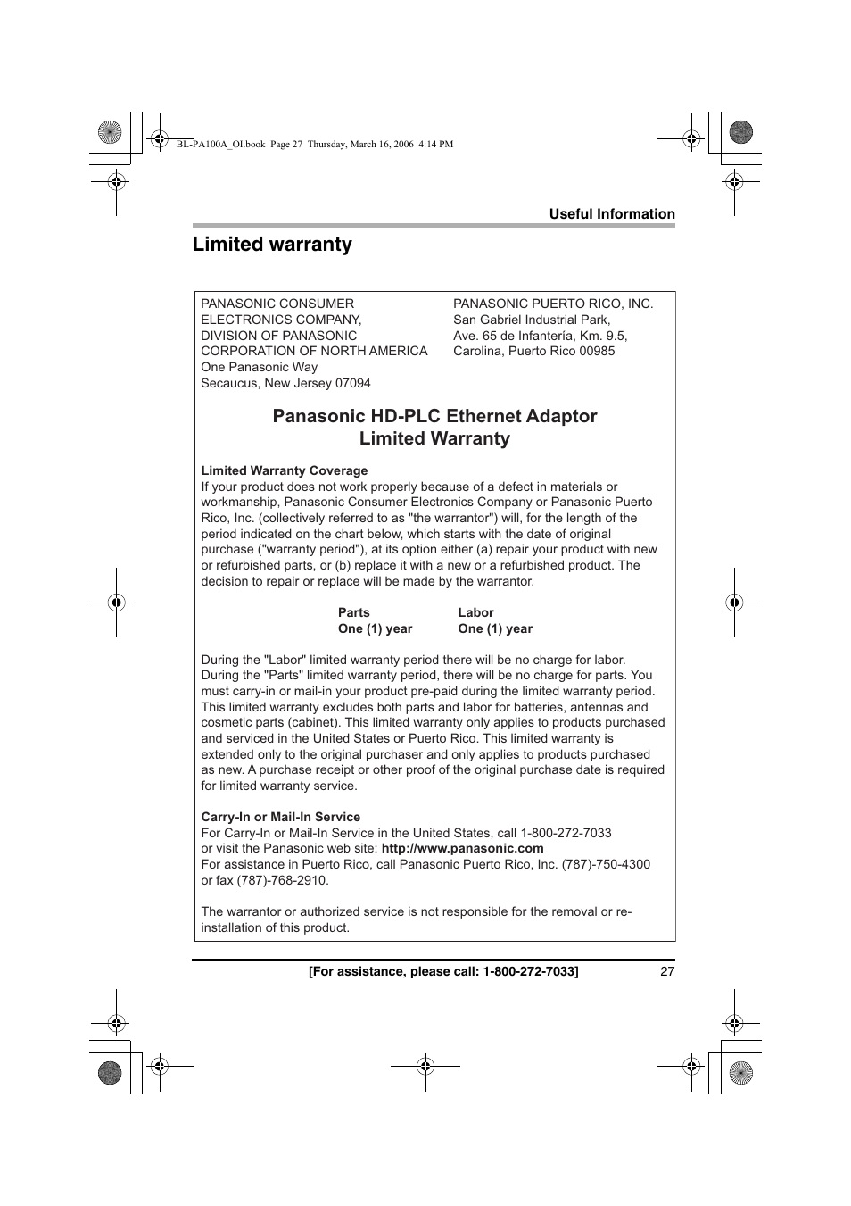 Limited warranty, Panasonic hd-plc ethernet adaptor limited warranty | Panasonic BL-PA100A User Manual | Page 27 / 32