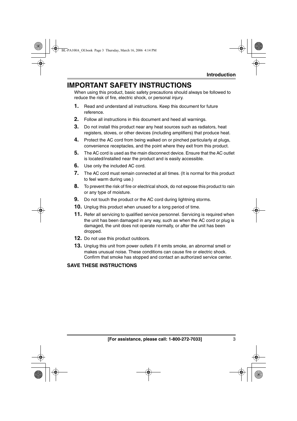 Important safety instructions | Panasonic BL-PA100A User Manual | Page 3 / 32