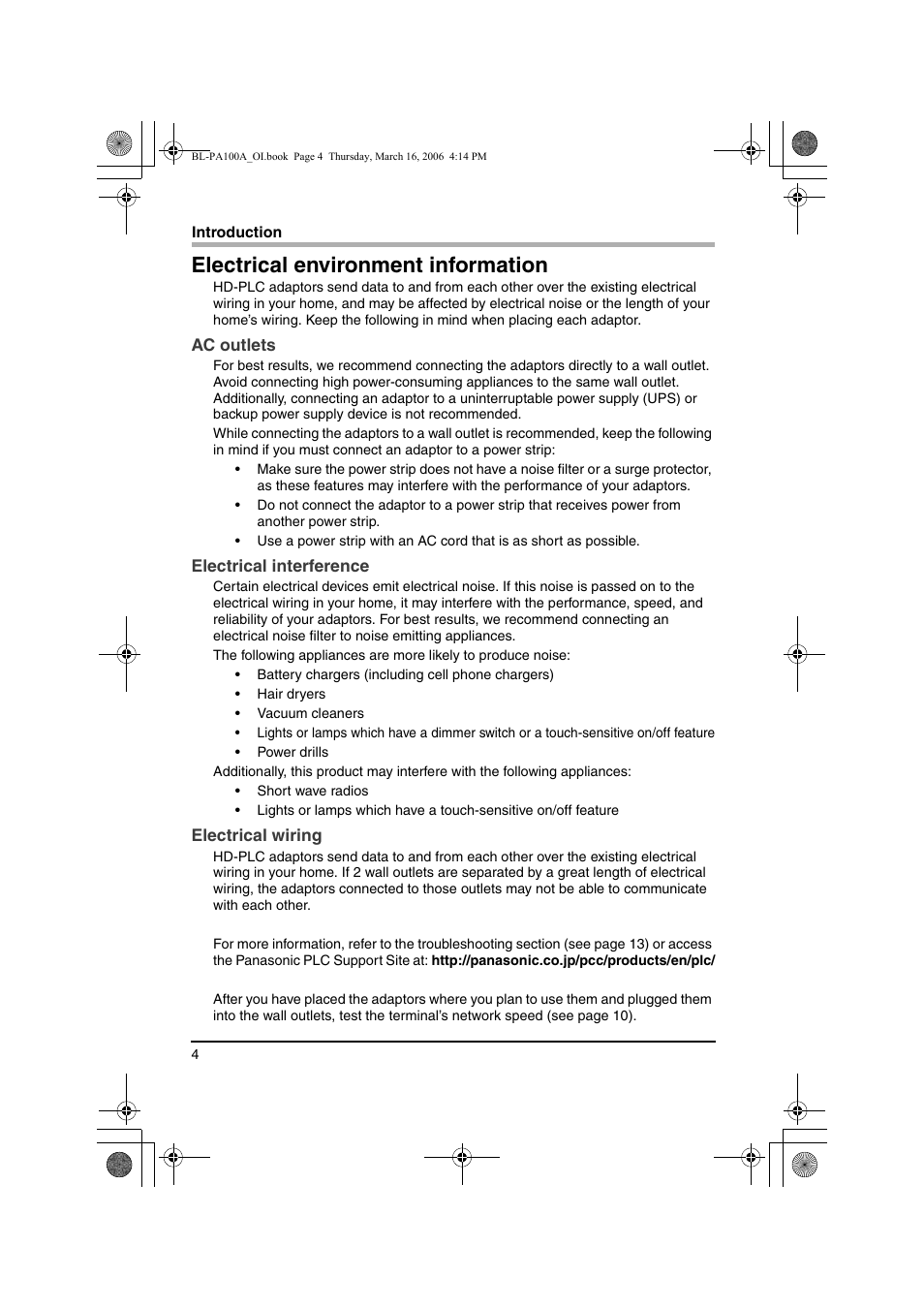 Electrical environment information | Panasonic BL-PA100A User Manual | Page 4 / 32