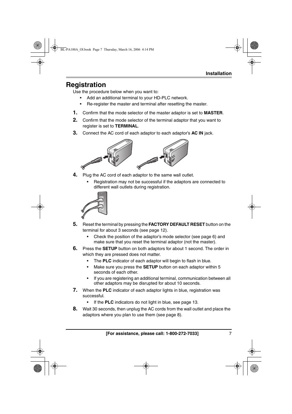 Installation, Registration | Panasonic BL-PA100A User Manual | Page 7 / 32