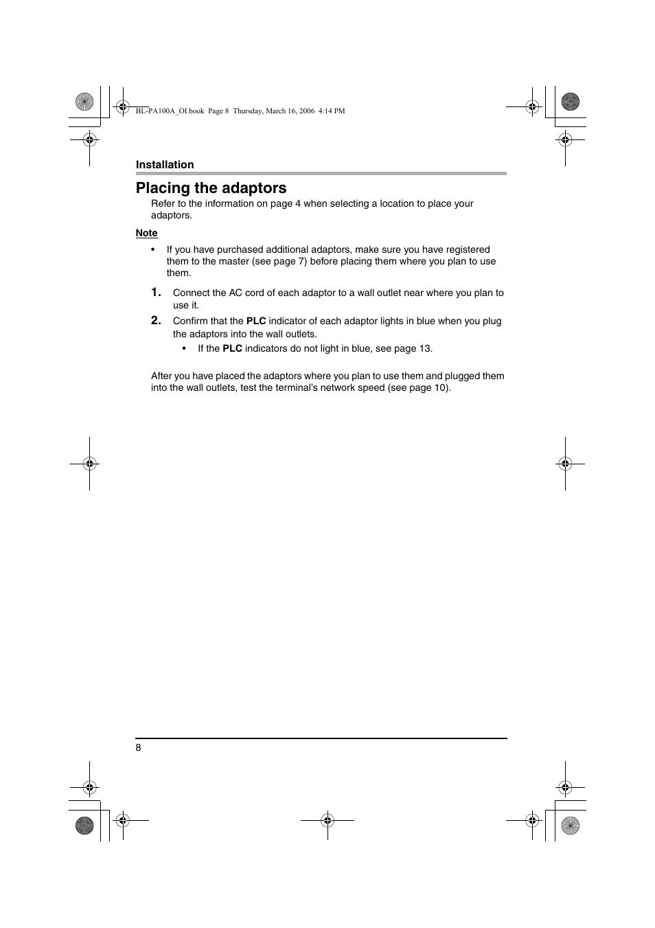 Placing the adaptors | Panasonic BL-PA100A User Manual | Page 8 / 32