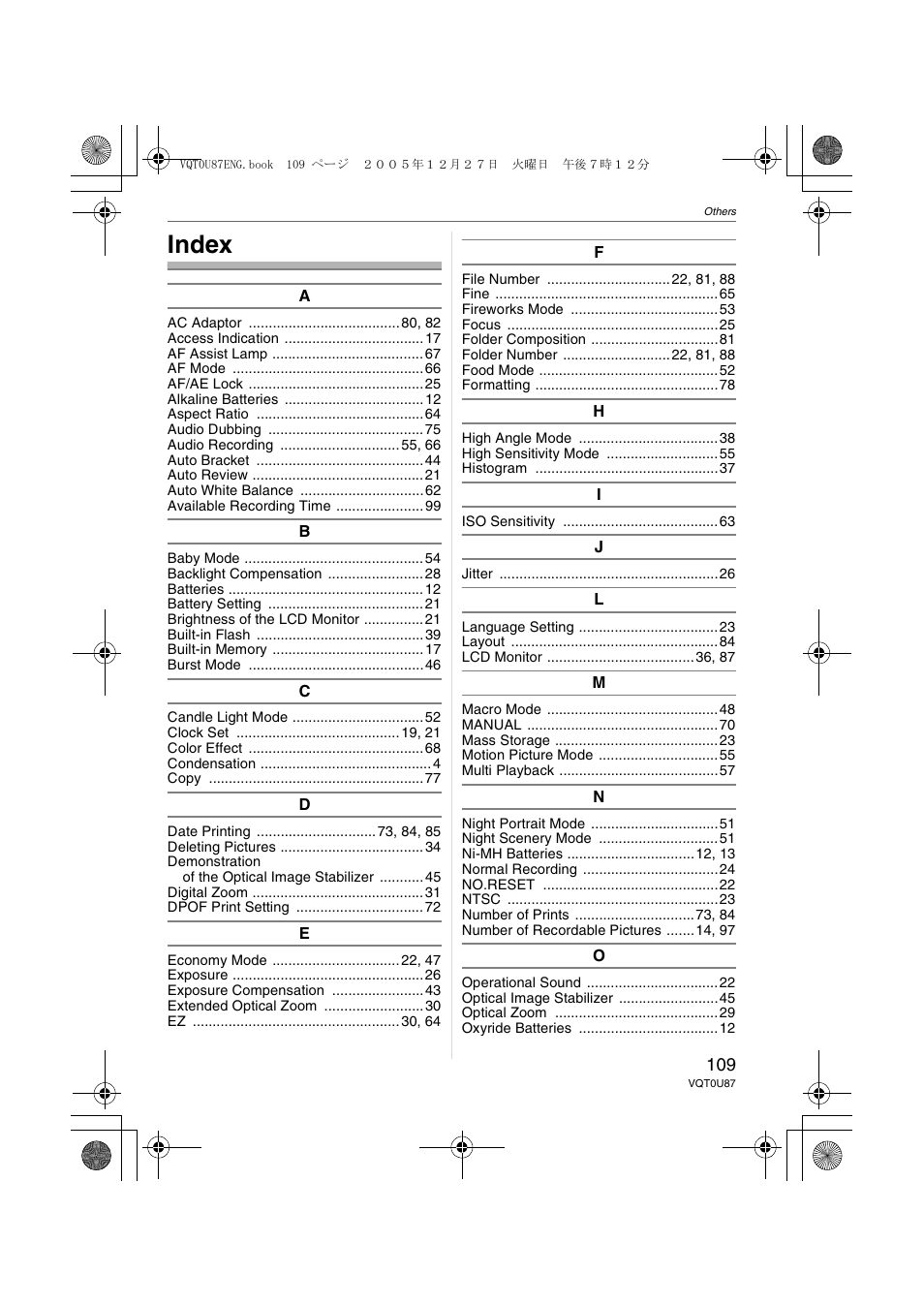 Index | Panasonic DMC-LZ5 User Manual | Page 109 / 112