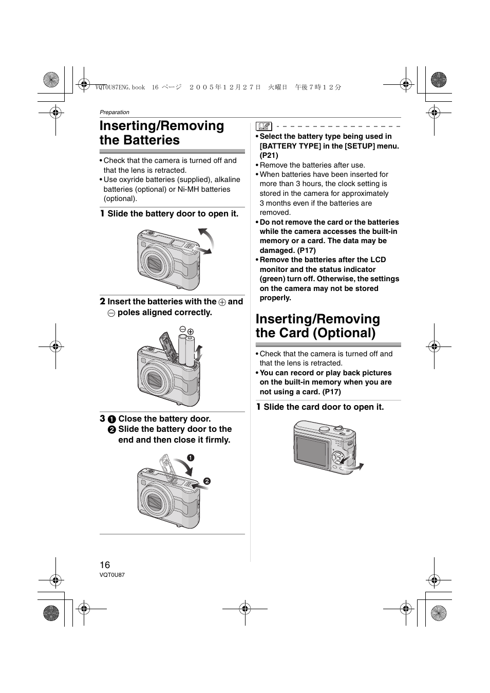 Inserting/removing the batteries, Inserting/removing the card (optional) | Panasonic DMC-LZ5 User Manual | Page 16 / 112