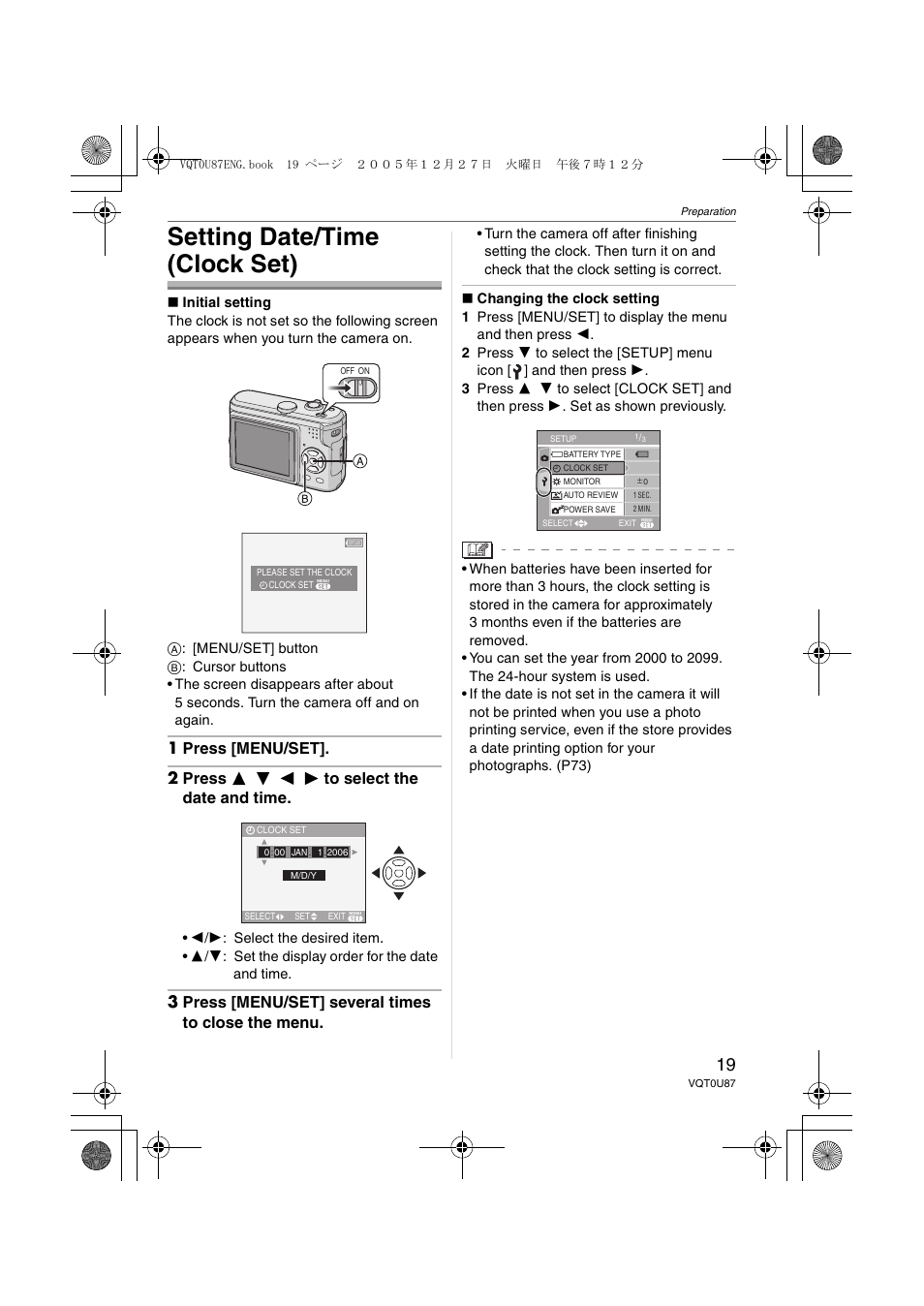 Setting date/time (clock set), 3 press [menu/set] several times to close the menu | Panasonic DMC-LZ5 User Manual | Page 19 / 112