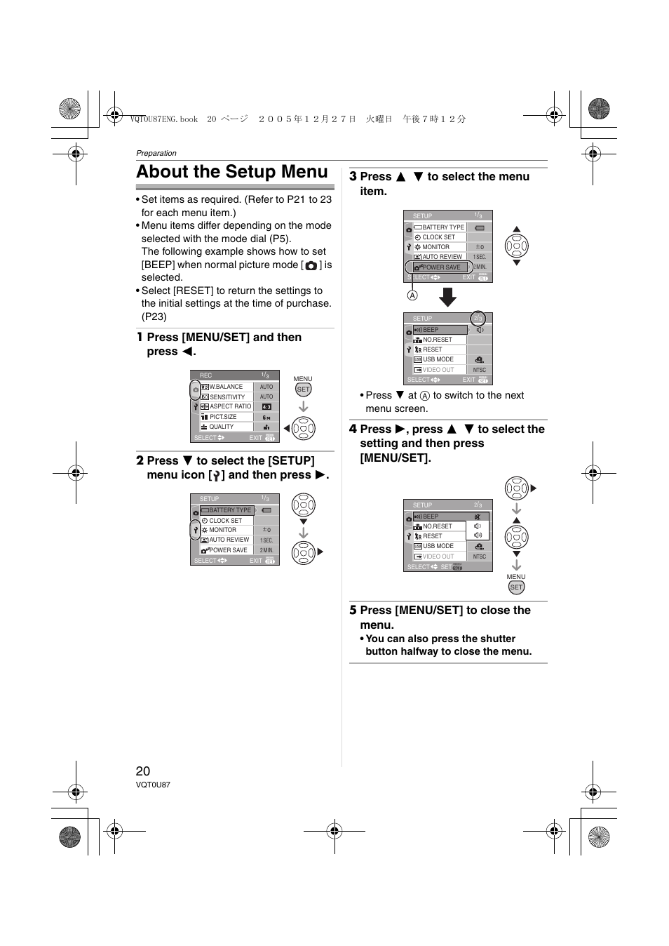 About the setup menu, Press 4 at a to switch to the next menu screen | Panasonic DMC-LZ5 User Manual | Page 20 / 112