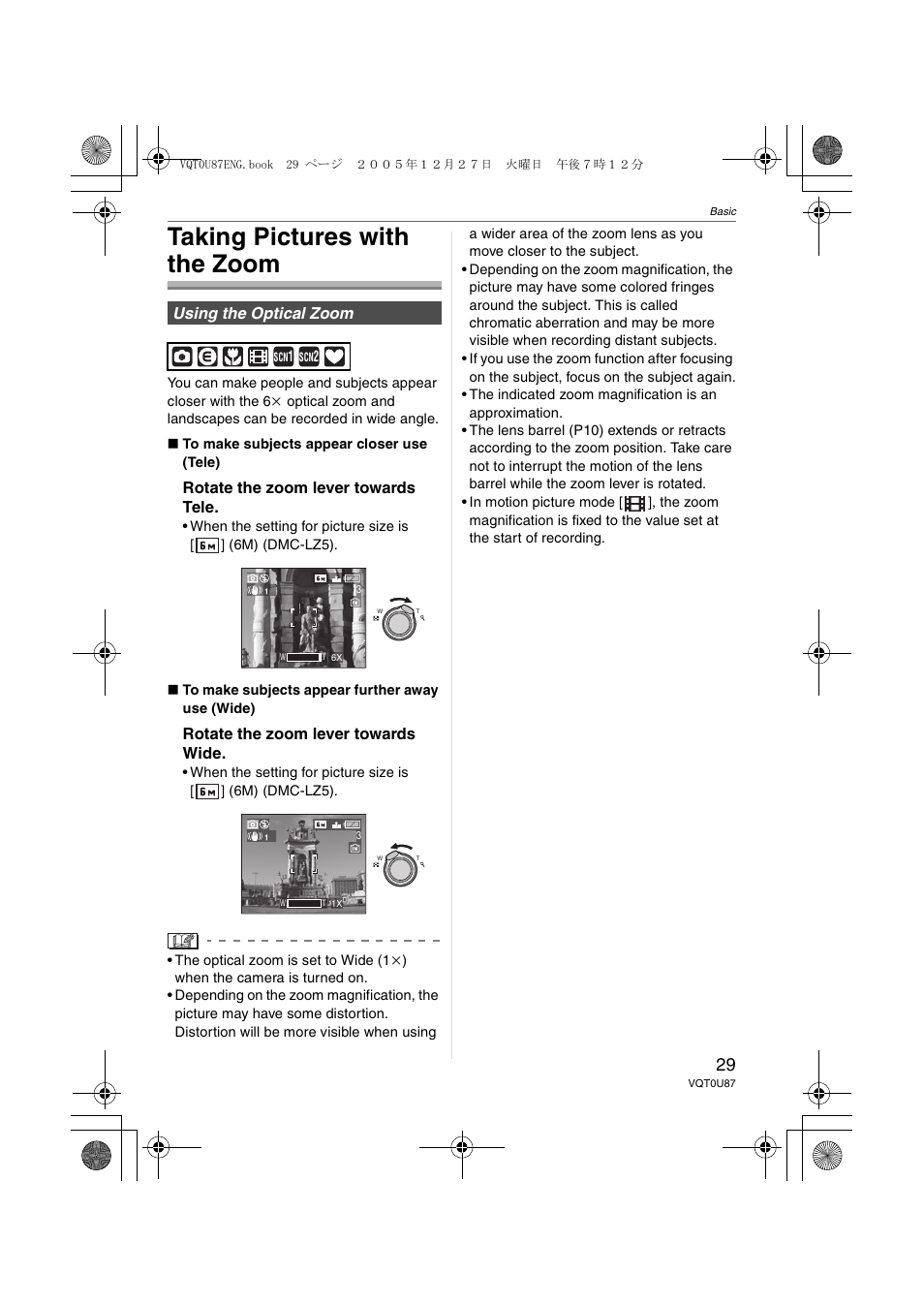 Taking pictures with the zoom, Using the optical zoom | Panasonic DMC-LZ5 User Manual | Page 29 / 112