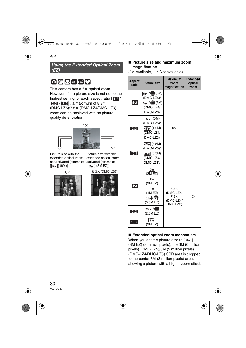 Using the extended optical zoom (ez) | Panasonic DMC-LZ5 User Manual | Page 30 / 112