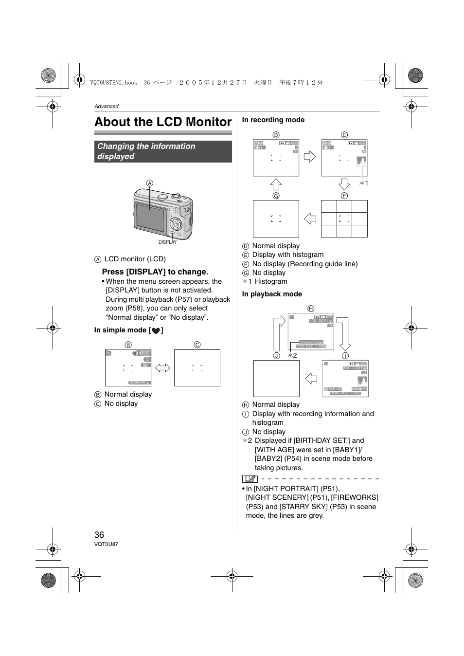 Advanced, About the lcd monitor, Changing the information displayed | Press [display] to change | Panasonic DMC-LZ5 User Manual | Page 36 / 112