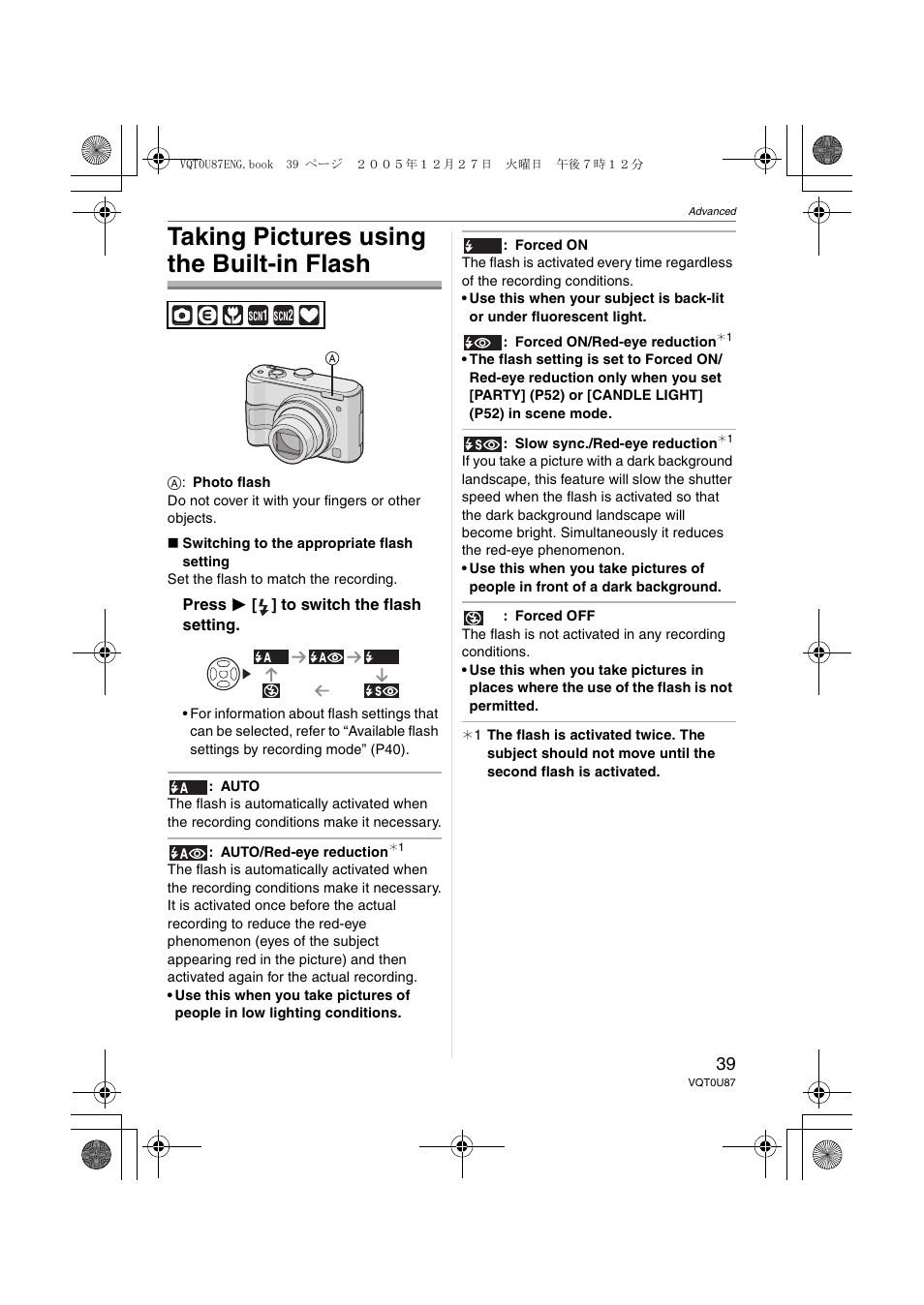 Taking pictures using the built-in flash | Panasonic DMC-LZ5 User Manual | Page 39 / 112