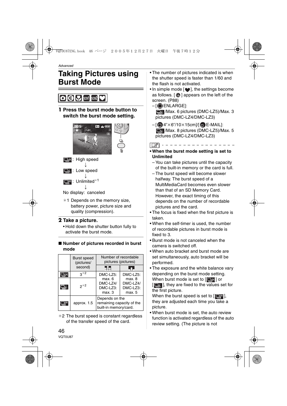 Taking pictures using burst mode | Panasonic DMC-LZ5 User Manual | Page 46 / 112