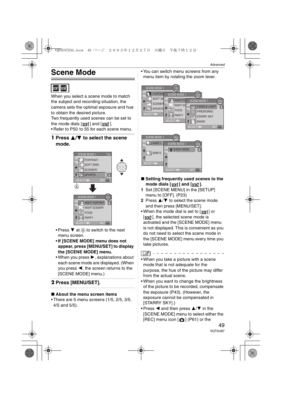 Scene mode, 1 press 3 / 4 to select the scene mode, 2 press [menu/set | Panasonic DMC-LZ5 User Manual | Page 49 / 112