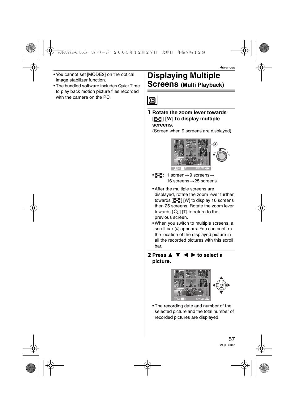 Displaying multiple screens (multi playback), Displaying multiple screens, Multi playback) | Panasonic DMC-LZ5 User Manual | Page 57 / 112