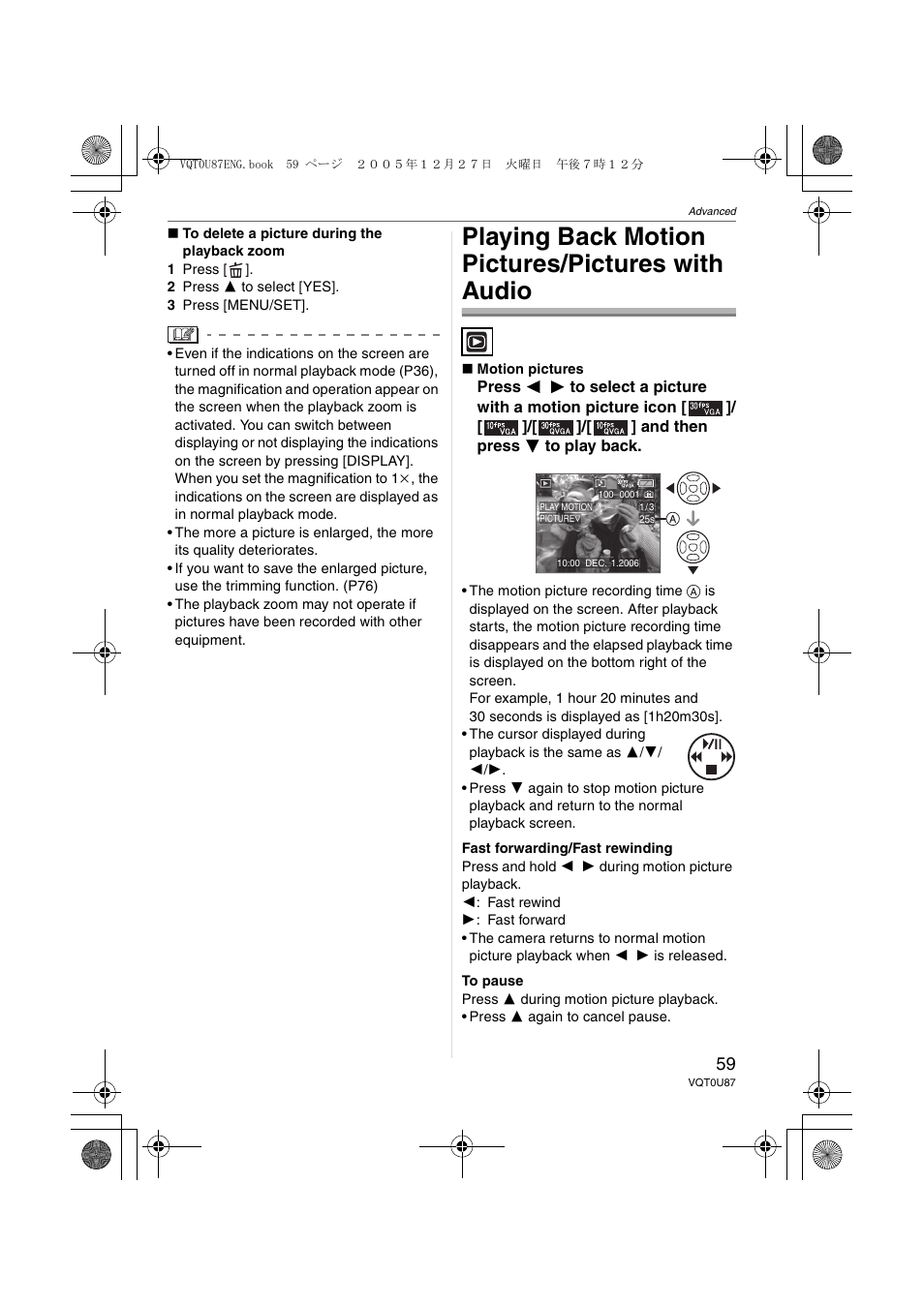 Playing back motion pictures/pictures with audio | Panasonic DMC-LZ5 User Manual | Page 59 / 112