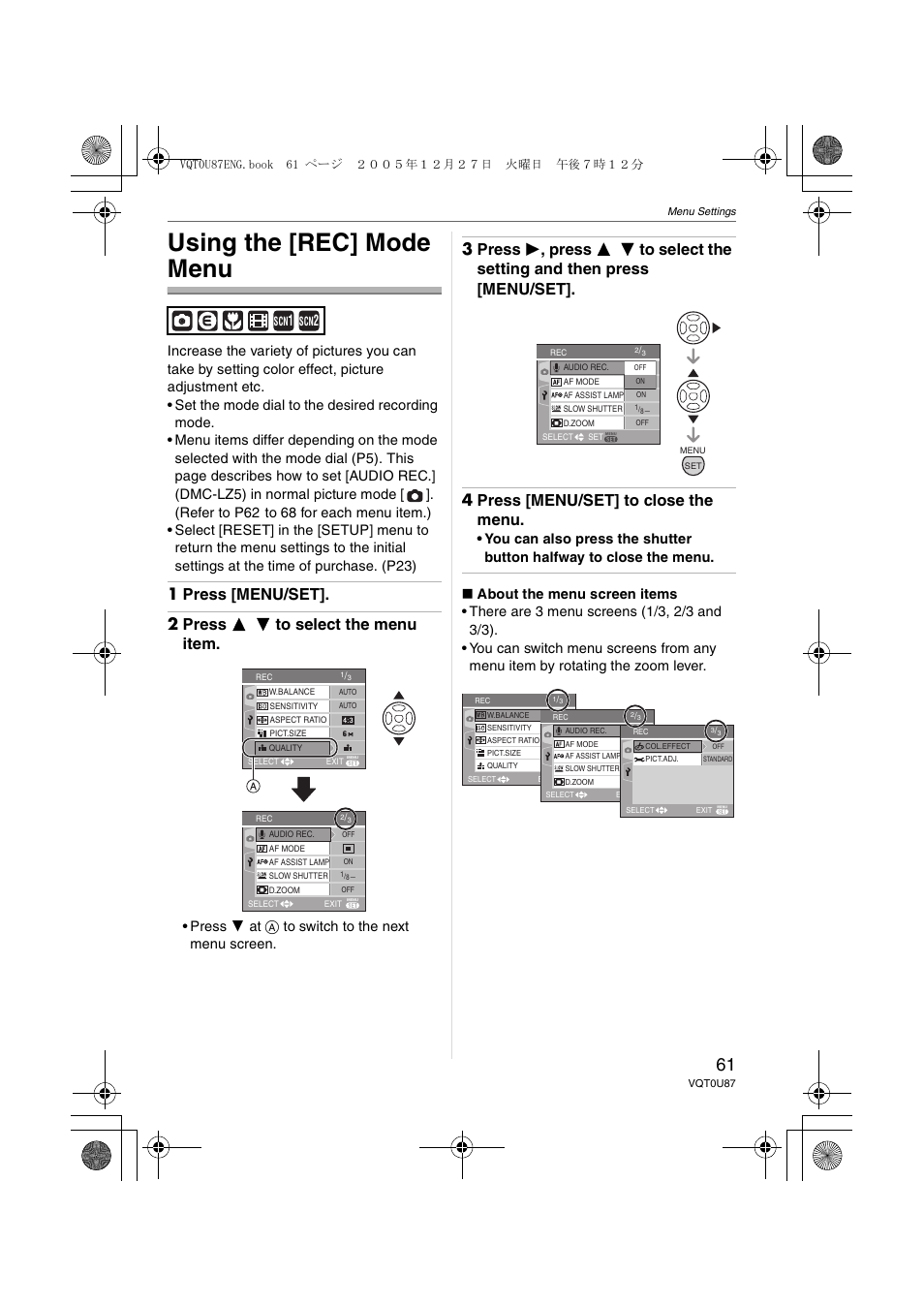 Menu settings, Using the [rec] mode menu, Press 4 at a to switch to the next menu screen | Panasonic DMC-LZ5 User Manual | Page 61 / 112