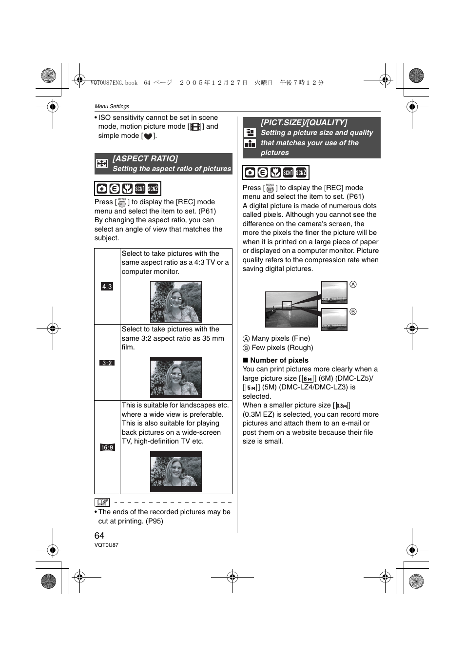 Aspect ratio, Pict.size]/[quality | Panasonic DMC-LZ5 User Manual | Page 64 / 112