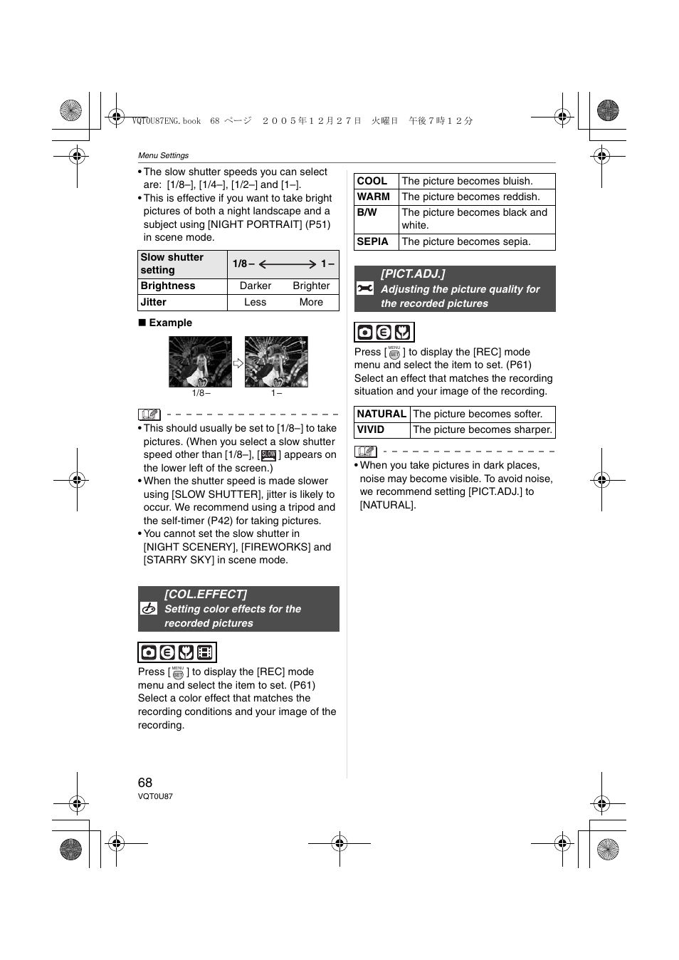 Col.effect, Pict.adj | Panasonic DMC-LZ5 User Manual | Page 68 / 112
