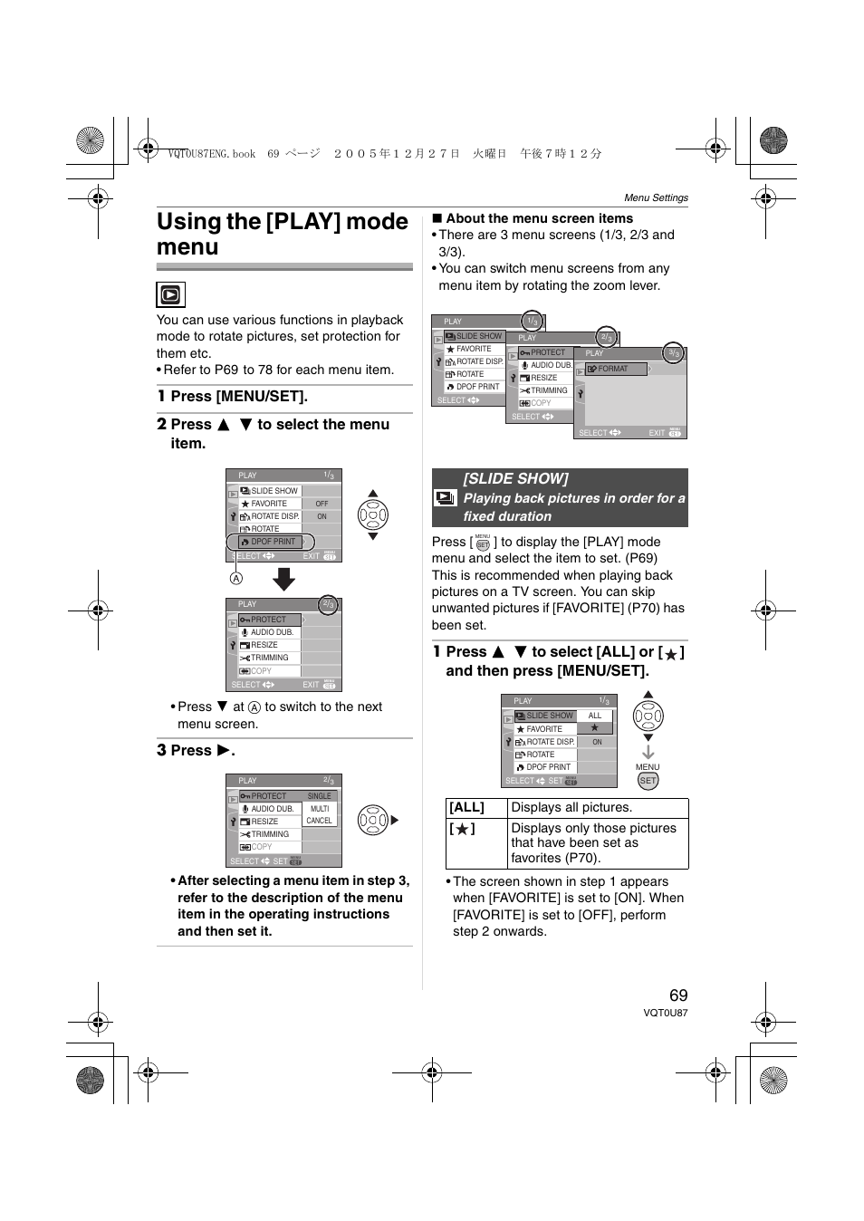 Using the [play] mode menu, Slide show, 3 press 1 | Press 4 at a to switch to the next menu screen | Panasonic DMC-LZ5 User Manual | Page 69 / 112
