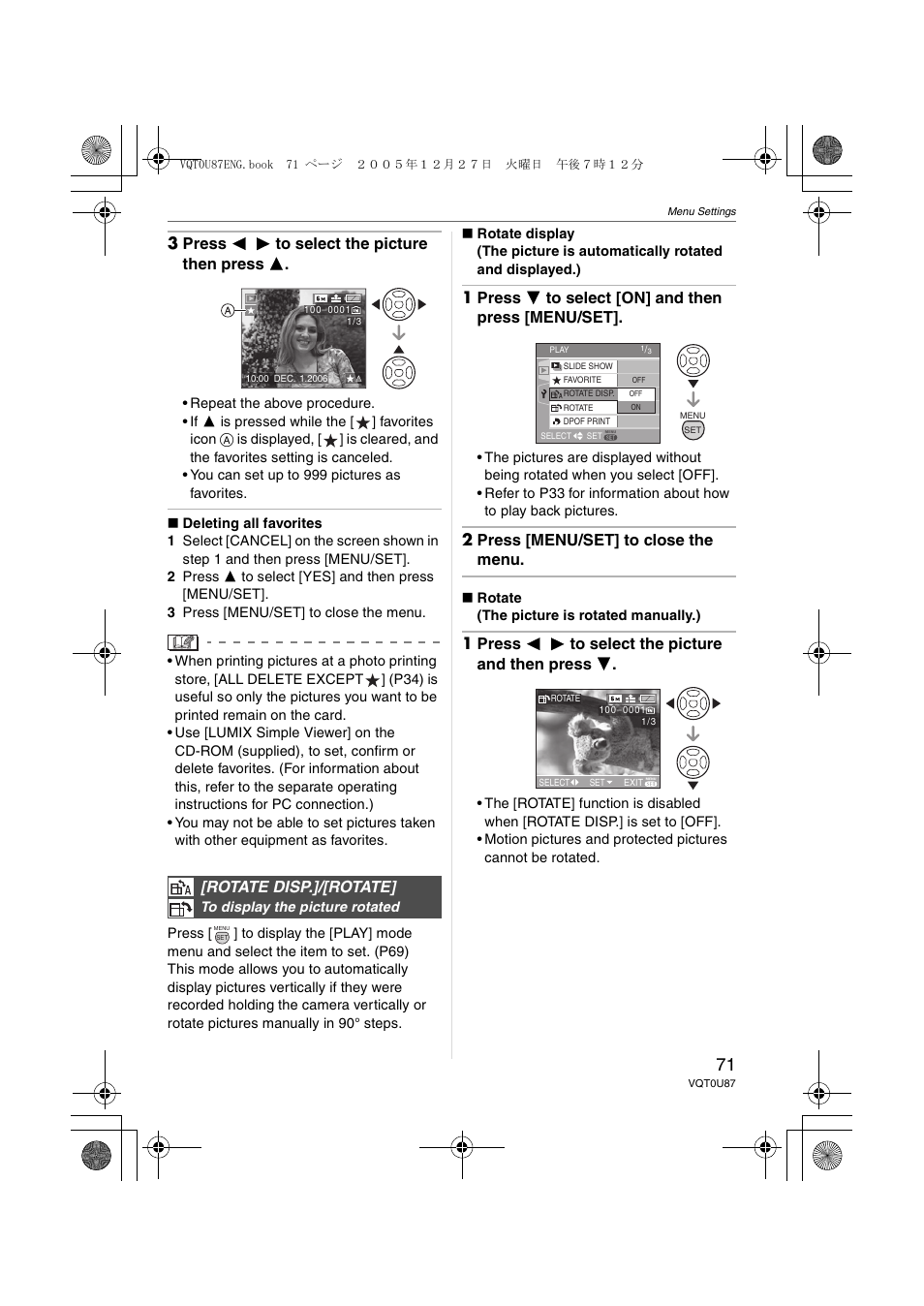 Rotate disp.]/[rotate, 3 press 2 1 to select the picture then press 3, 1 press 4 to select [on] and then press [menu/set | 2 press [menu/set] to close the menu, 1 press 2 1 to select the picture and then press 4 | Panasonic DMC-LZ5 User Manual | Page 71 / 112