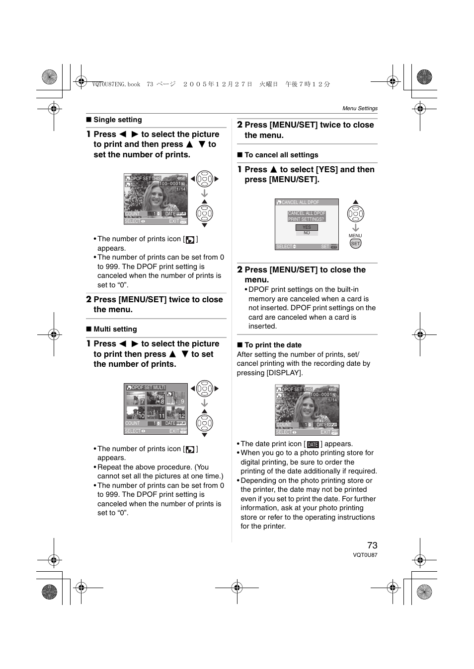 2 press [menu/set] twice to close the menu | Panasonic DMC-LZ5 User Manual | Page 73 / 112