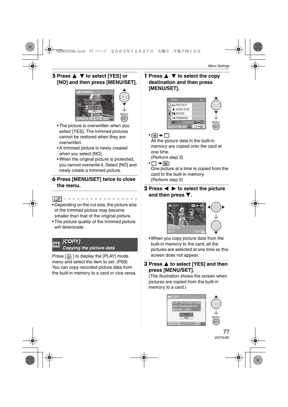 Copy, 6 press [menu/set] twice to close the menu, 2 press 2 1 to select the picture and then press 4 | 3 press 3 to select [yes] and then press [menu/set | Panasonic DMC-LZ5 User Manual | Page 77 / 112