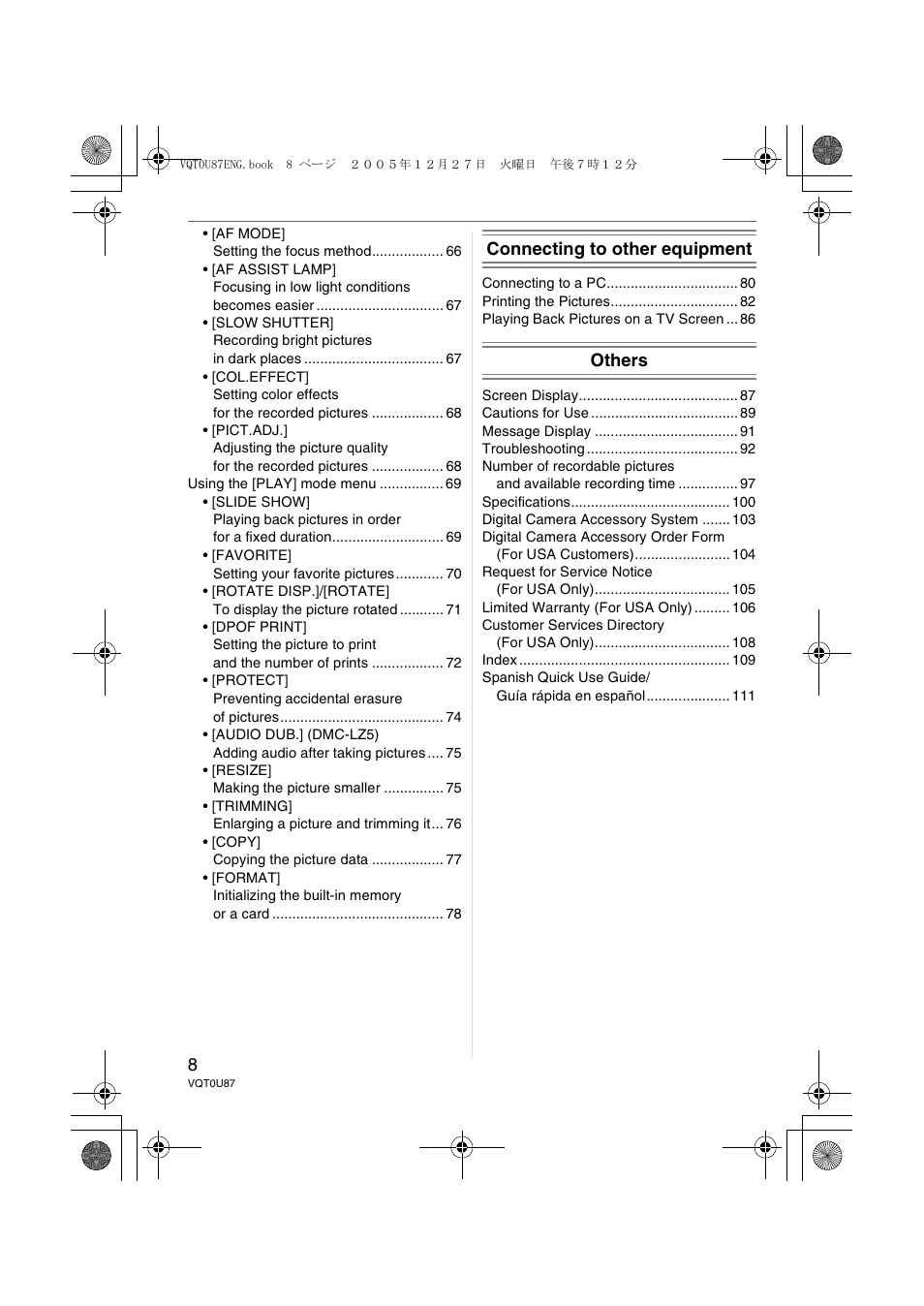 Connecting to other equipment, Others | Panasonic DMC-LZ5 User Manual | Page 8 / 112