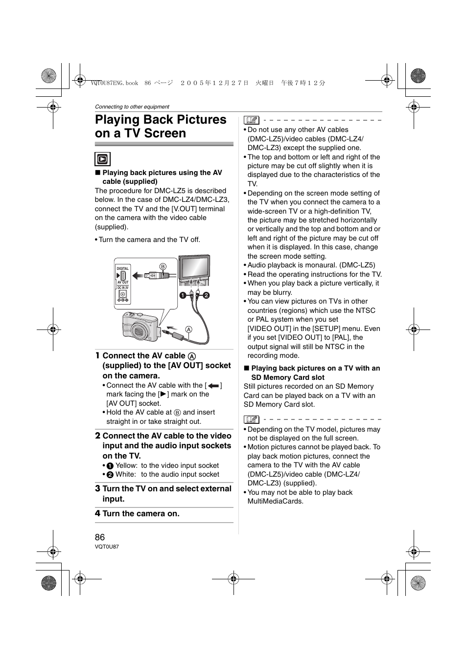 Playing back pictures on a tv screen | Panasonic DMC-LZ5 User Manual | Page 86 / 112