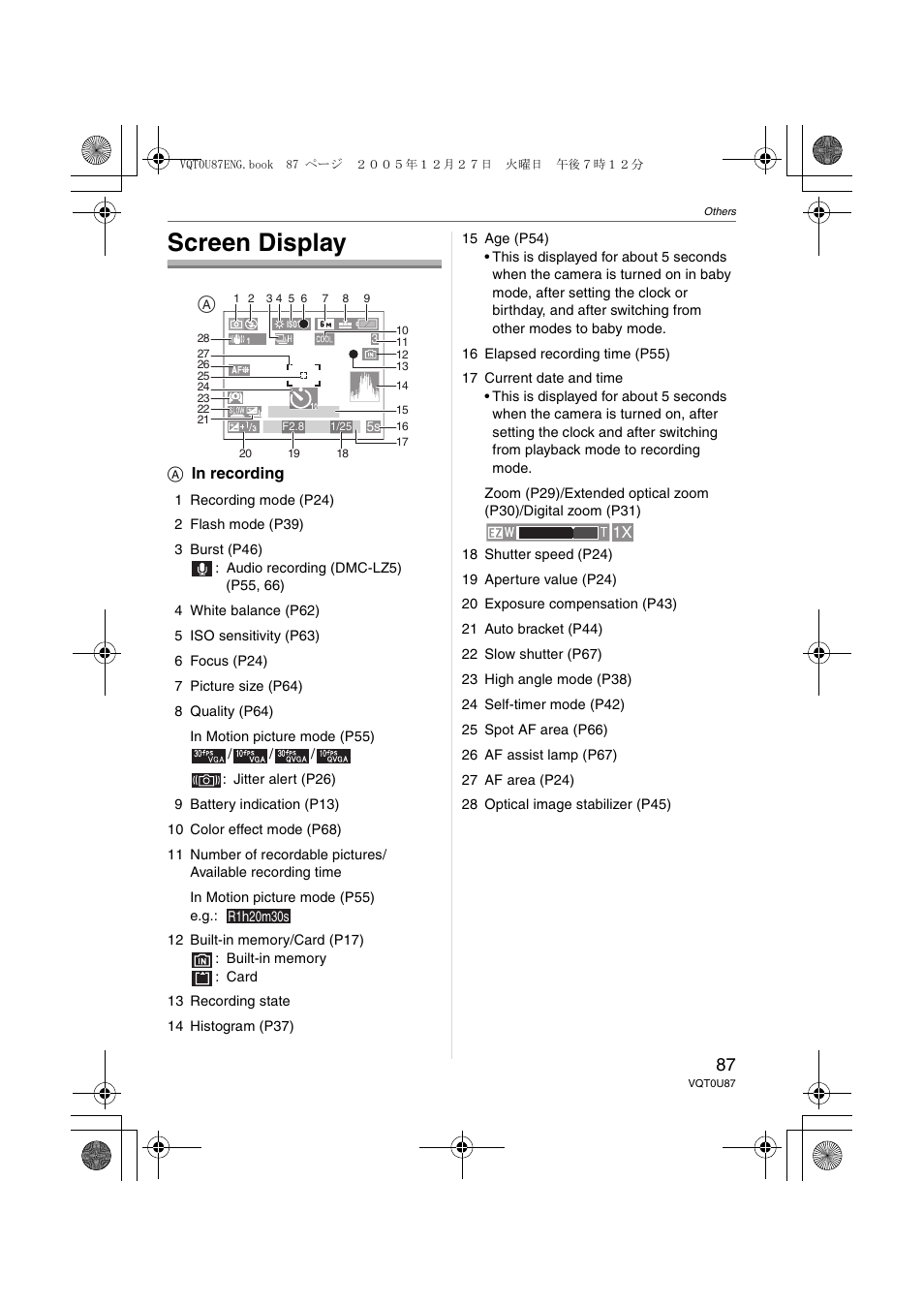 Others, Screen display | Panasonic DMC-LZ5 User Manual | Page 87 / 112