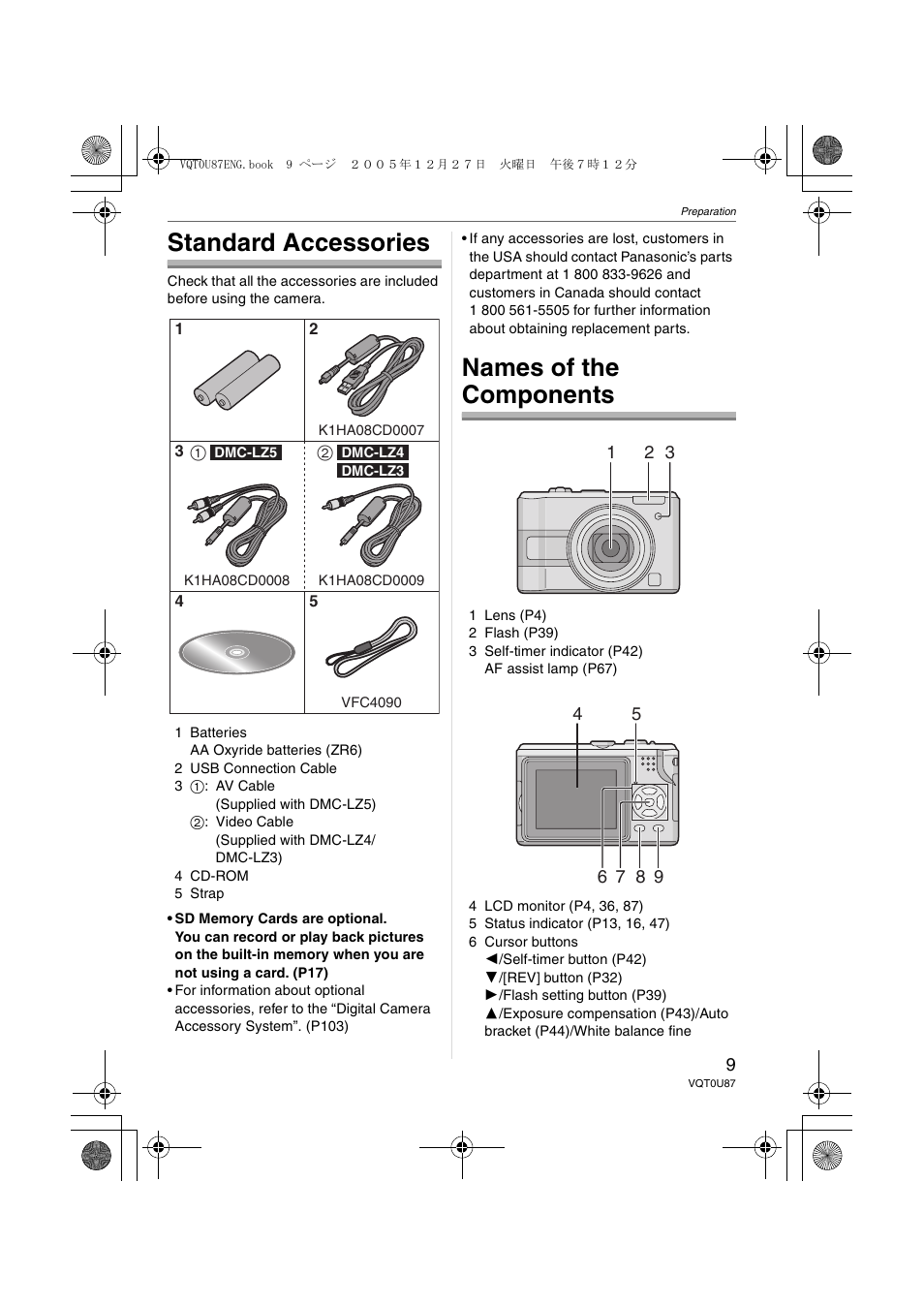 Preparation, Standard accessories, Names of the components | Panasonic DMC-LZ5 User Manual | Page 9 / 112