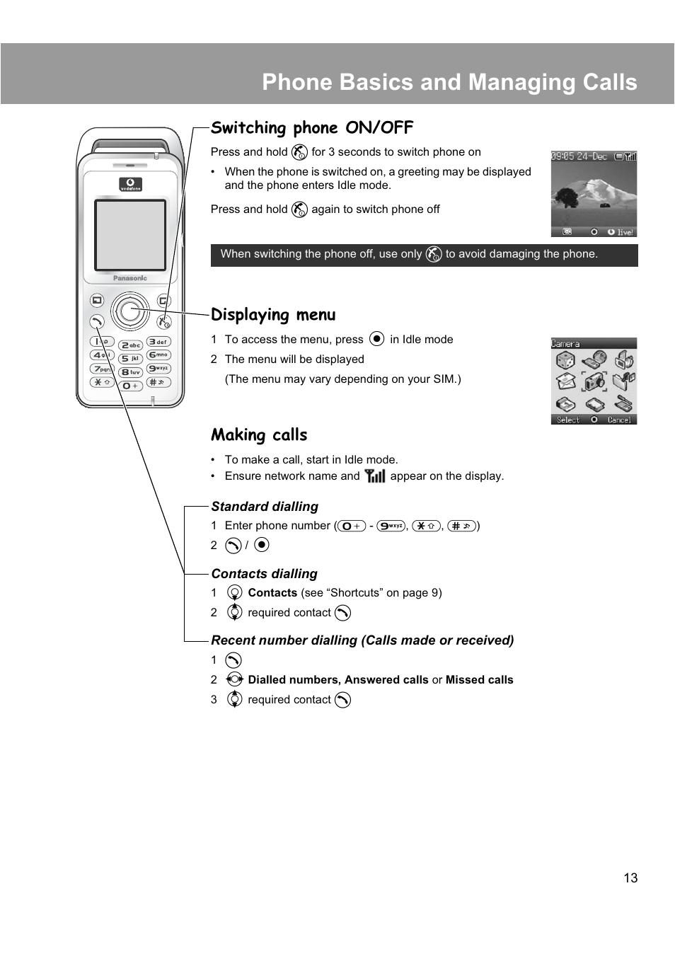 Phone basics and managing calls, Switching phone on/off, Displaying menu | Making calls | Panasonic EB-X200 User Manual | Page 16 / 96